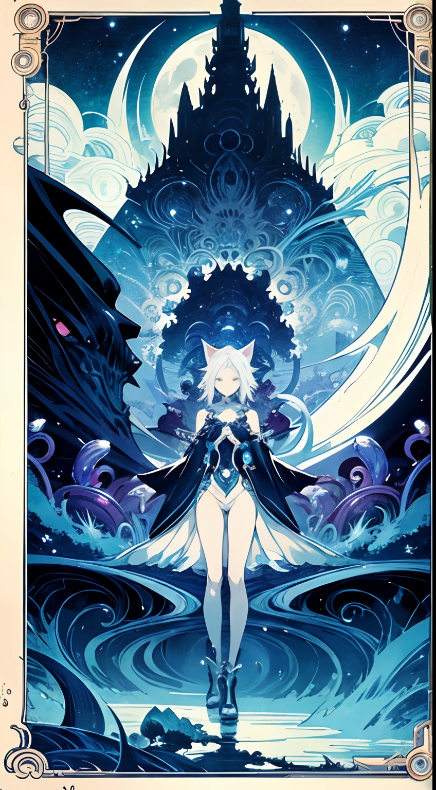 James Jean, Kay Nielsen, Japanese Anime Surreal Mysterious Bizarre Sci-fi Fantasy Library Overflowing Moonlight, a Girl, a Cat, hyperdetailed high resolution high definition high quality masterpiece