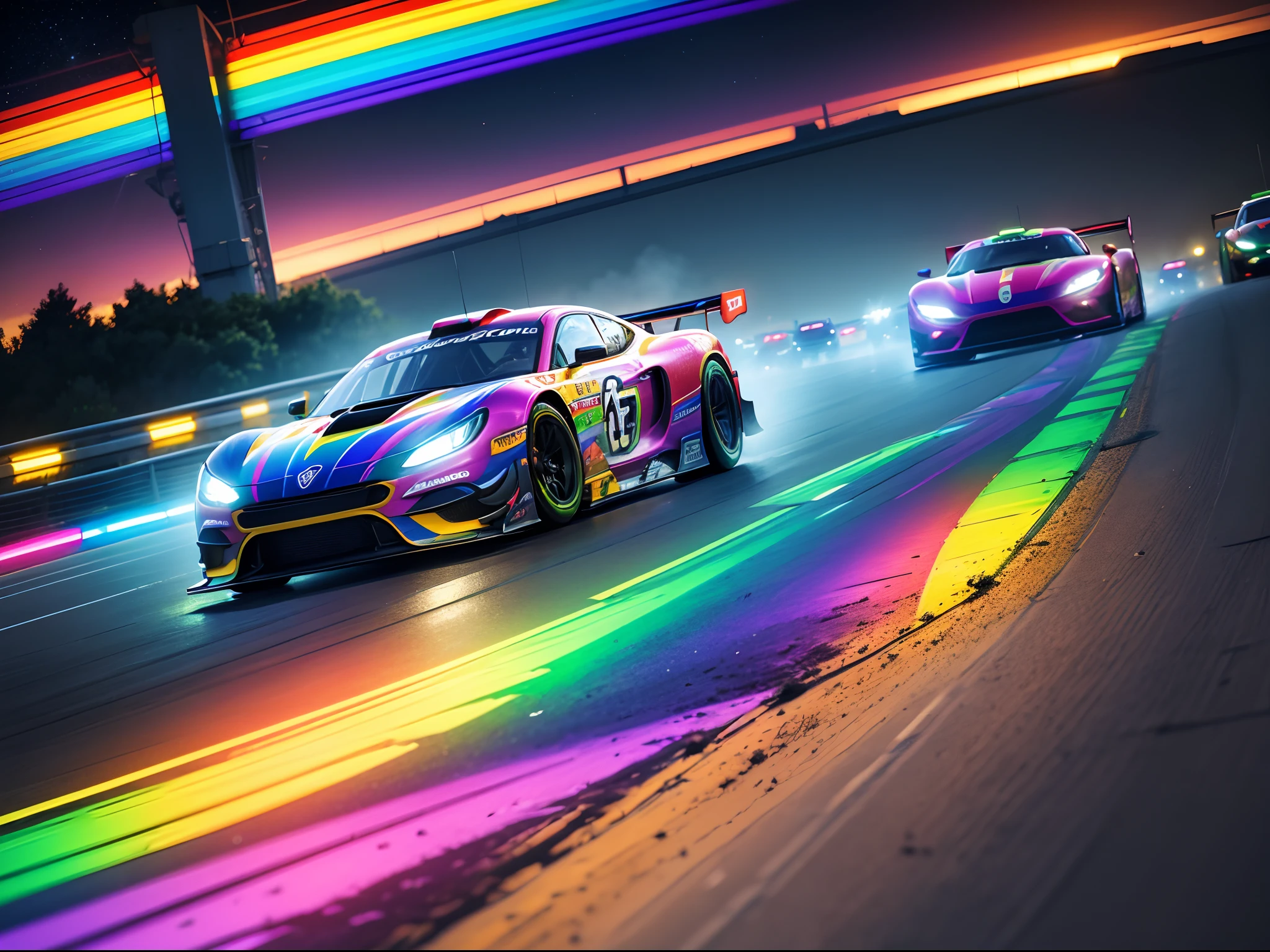 (masterpiece, best quality), best resolution, rainbow road, racecars driving on a multicolored racetrack, neon lights, space