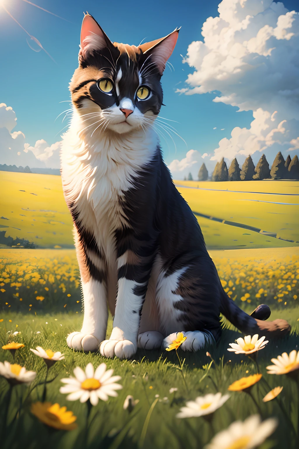 Sky, meadow, cat, sunshine, flowers