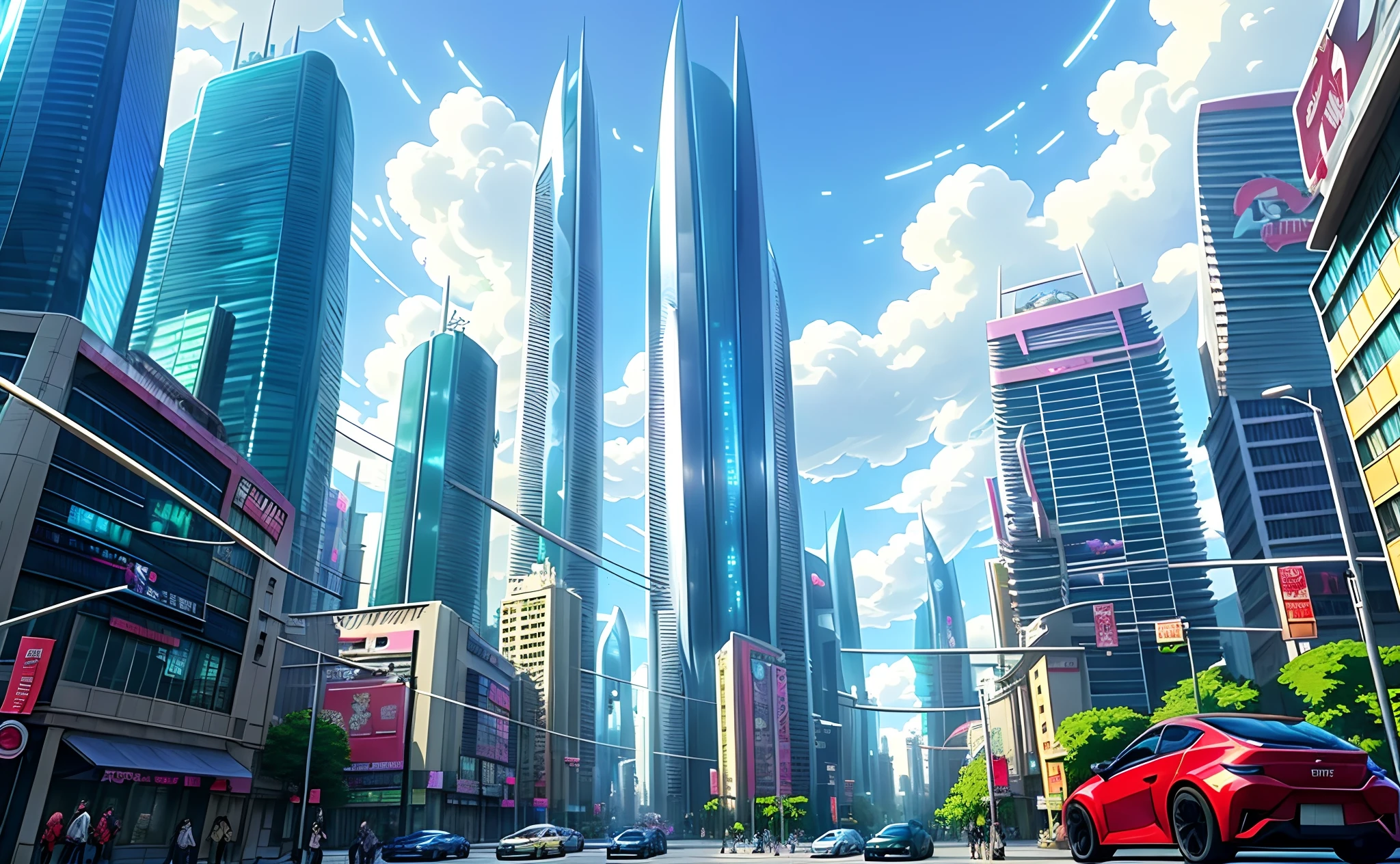 Anime City，There are a lot of people walking and cars on the street, anime style cityscape, urban concept art, Concept art wallpaper 4K, hd anime cityscape, Anime landscape concept art, Beautiful city of the future, Concept art 4K, concept art 4 k, concept art style, smooth digital concept art, Futuristic city landscape, Skyscrapers and drones