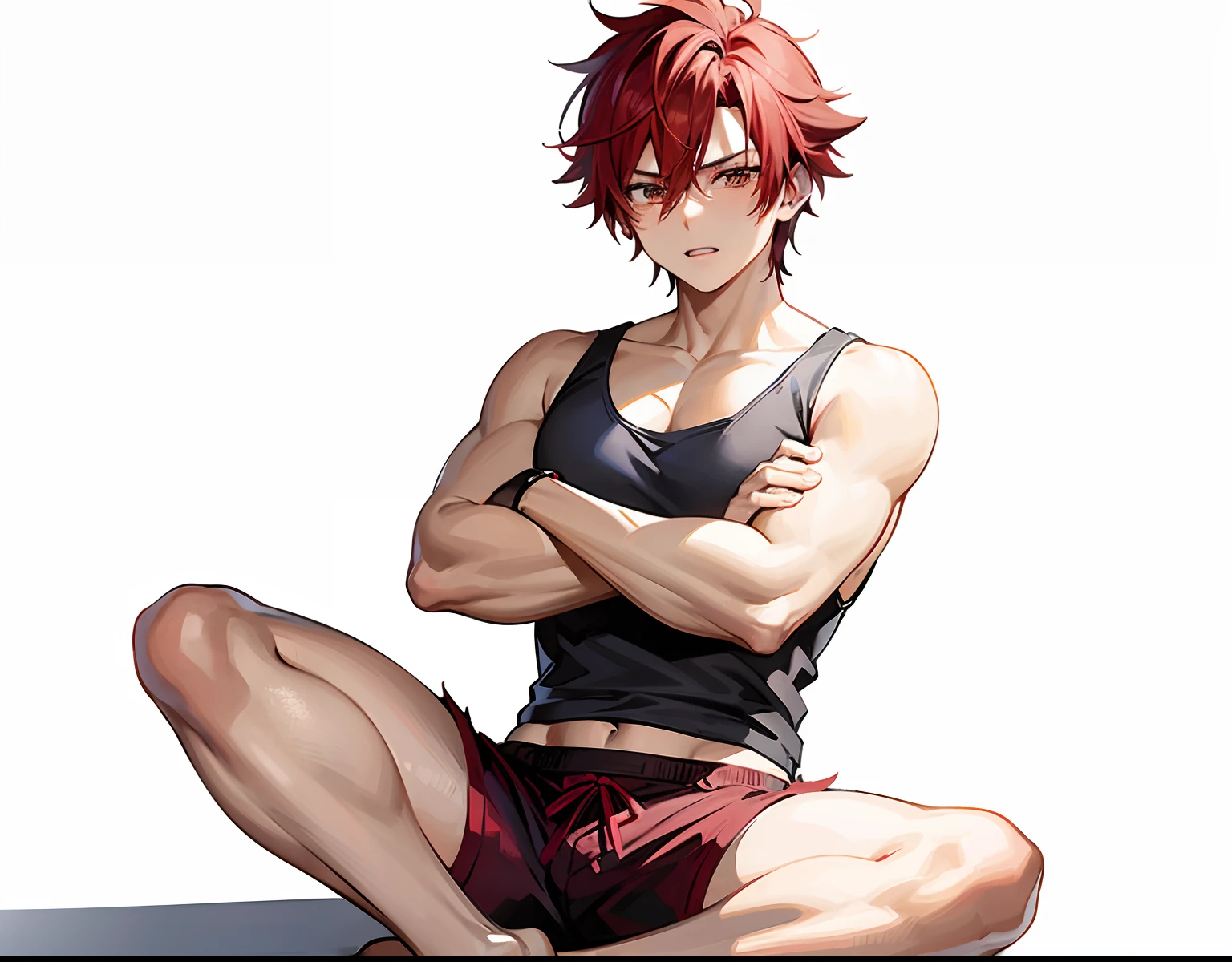 Red haired anime boy sitting on floor with legs crossed, Anime Boy, anime style character, garments:Black tank top, Boy in shorts, In anime style, anime styled」, Anime style, Muscular men, Knight of Zodiac Boy, With red hair, In an anime style, masculine and muscular, Bare arms, Bare shoulders,