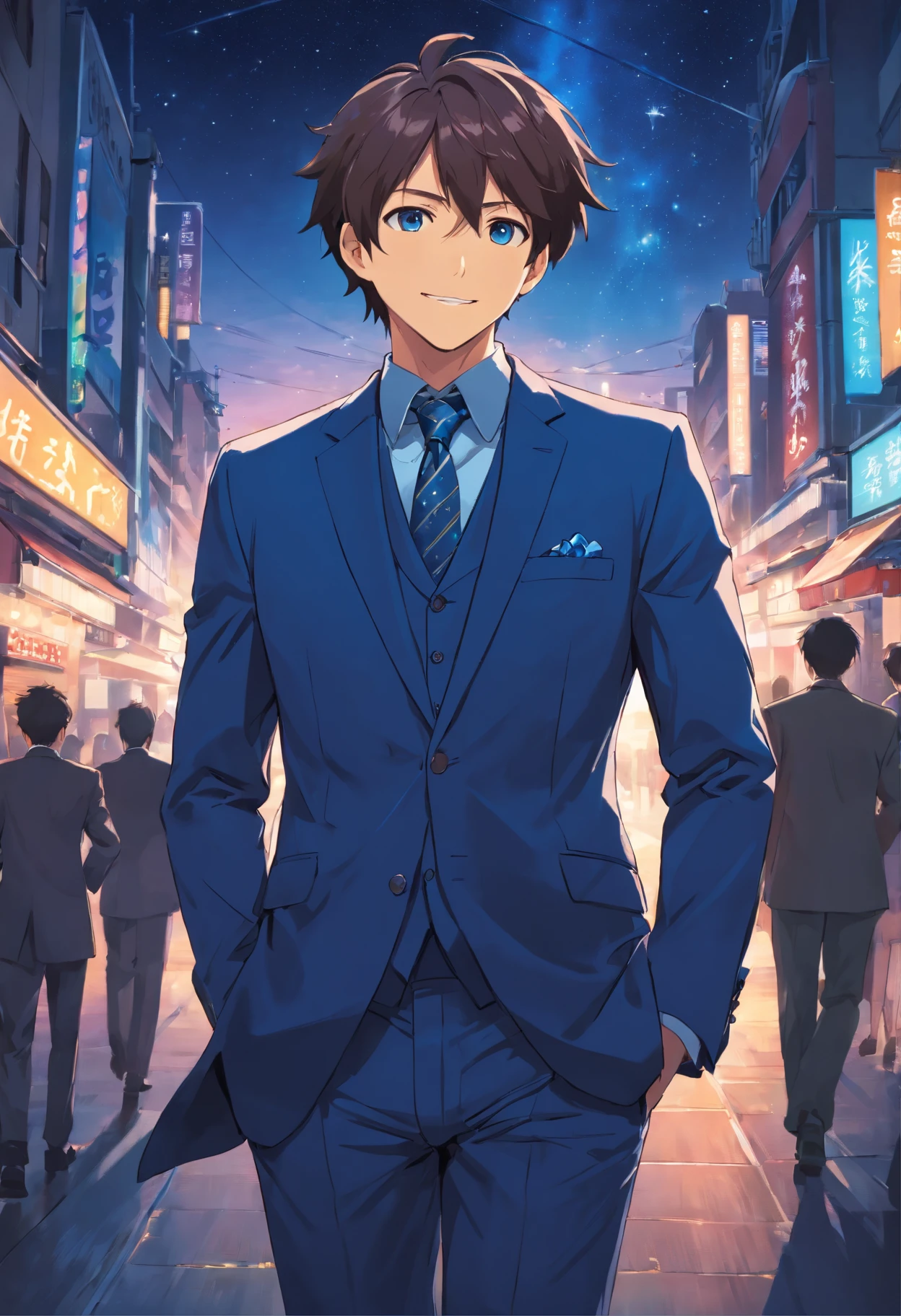 (Front view:1.4),sbeard,groomed beard,45 yers old,Dandiman ,The composition of the upper body,Makoto Shinkai's painting style,jpn,(A smile:1.3),ridicule,A tall man,sbeard, Delicate facial features like an actor,(short detailed hair:1.4),Real brunette hair, (Dark blue suit:1.5)、Dark blue tie,musculous, Eyes are brown, Night sky starry sky background