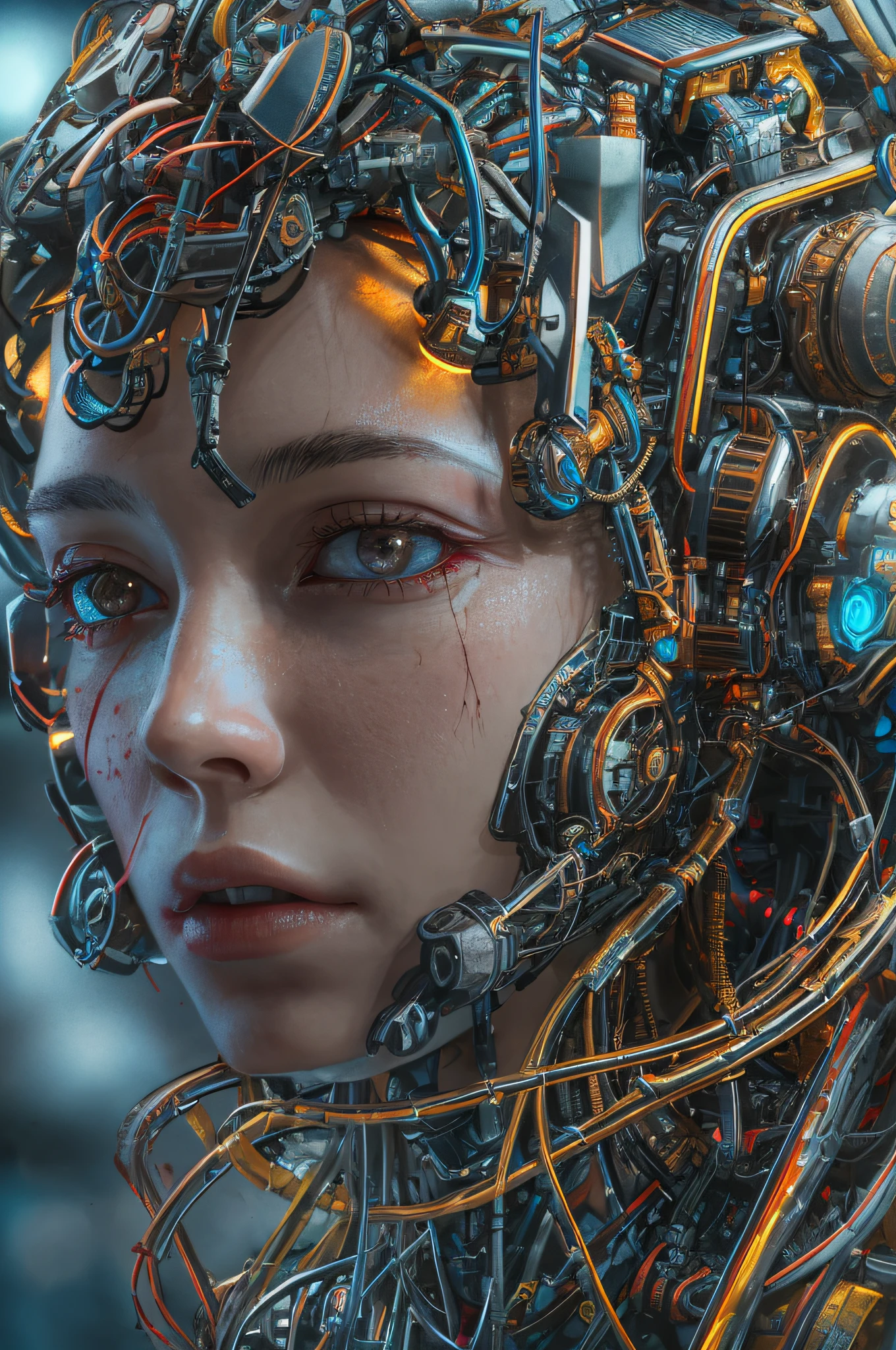 1机械女孩，（（hyper realistic detailed）），sportrait，globalillumination，shadowing，rendering by octane，8k，Super sharp，metals，复杂，Decorations detailed，cool colours，egypician detail，highly intricate detail，realistic raytraicing，CGSociety trends，glowing light eyes，facing at the camera，neon light detail，Mechanical limbs，blood vessels attached to the tube，A mechanical vertebrae attached to the back，Mechanical cervical connection of the neck，sitted，wires and cables connecting to head,closeup of face。