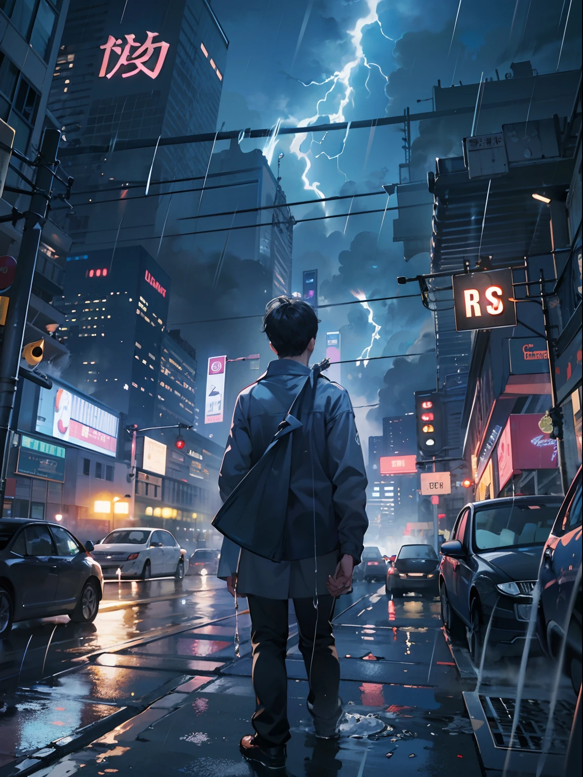 1boy, boy、Wet body、Cyberpunk Boy、The beginning of the adventure、(drenching:2)、(Lightning:1.5)、Lots of clouds,heavy fog、Fog,Chaotic city of the future、Movie dystopia、A group of very tall skyscrapers stands in the center、Very complex cityscape,Crowded Chinese skyscrapers、street signs、streetlights、taxis、buses、Train、Blue lighting,Dark road、Lots of puddles、Chaotic、Beautiful and fantastic scenery、Cinematic scenery、hightquality、masutepiece,in 8K、hight resolution、