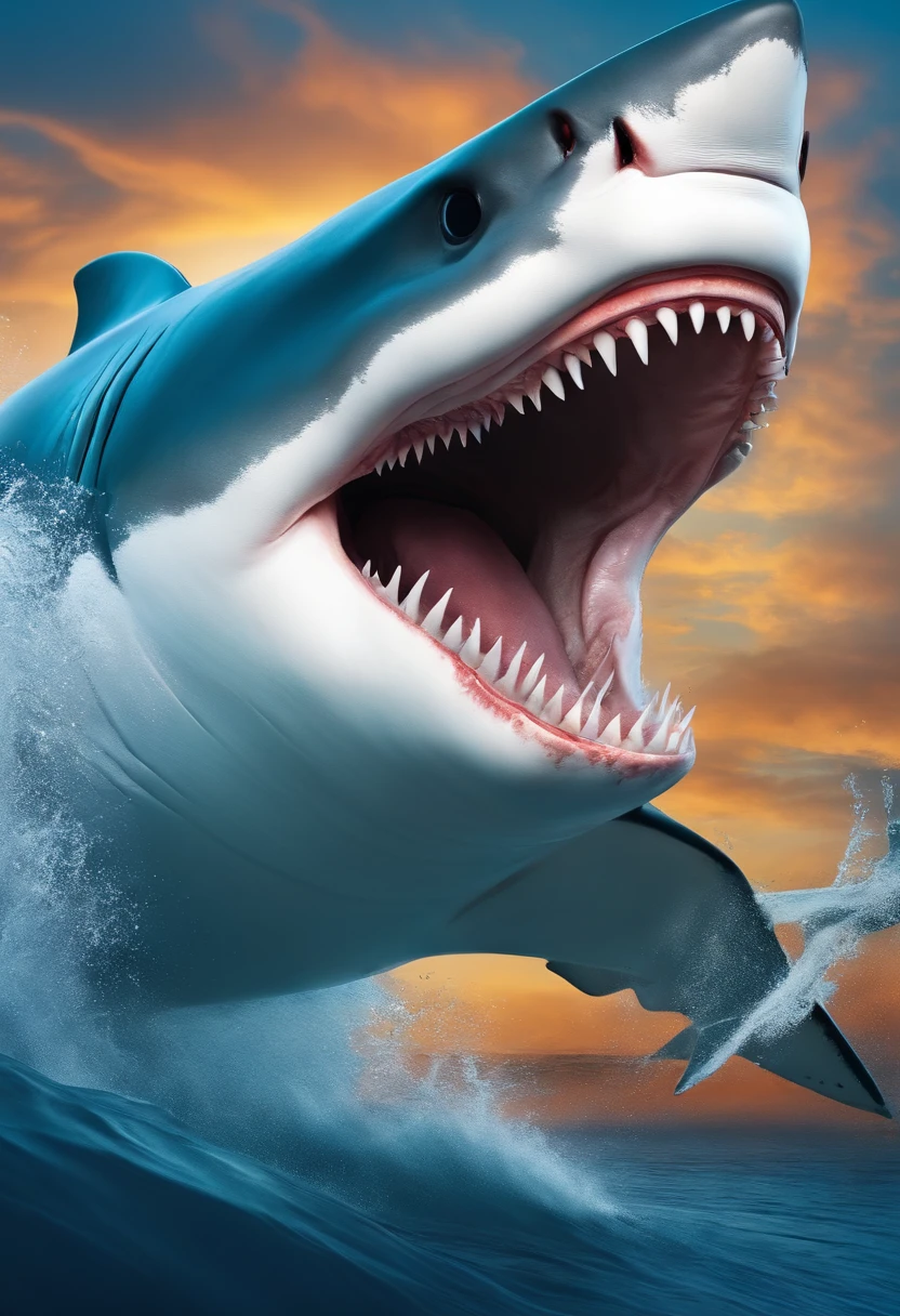 Sharks jumping out of the water,with a huge mouth open,dentes pontiagudos,ferocious,Splashes,