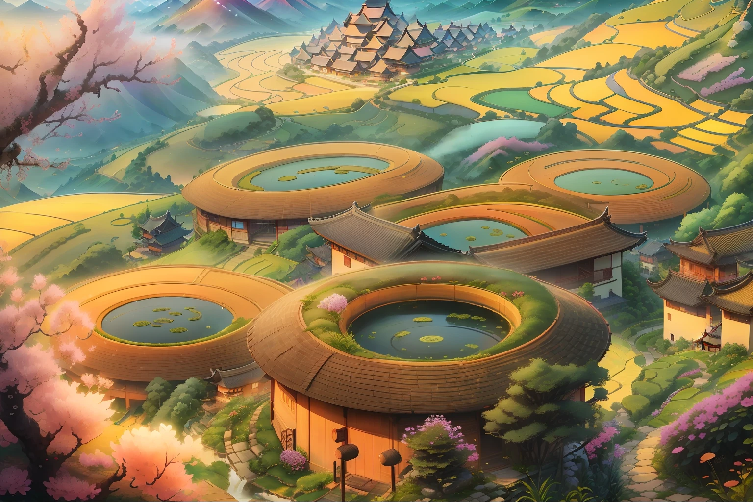 Arafeld rooftop houses in the countryside，The background is a mountain, Chinese village, Chinese architecture, bamboo huts, Ancient Chinese architecture, circular towers, thatched roof, round buildings in background, houses in the shape of mushrooms, rounded architecture, guangjian, old asian village, thatched hut, ( Visually stunning, round-cropped