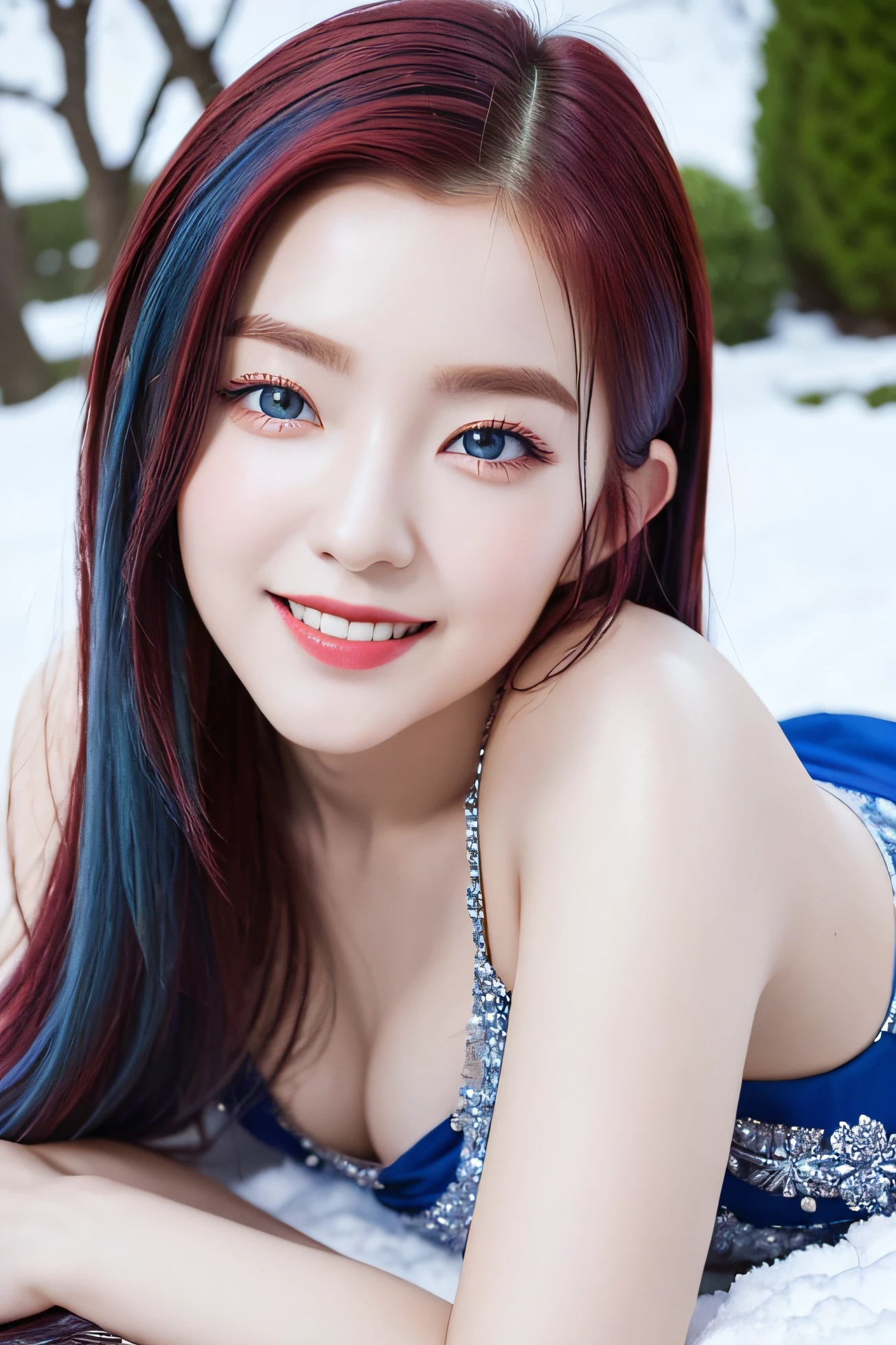 ((masterpiece)) high quality, best quality, ultra-detailed, 1 girl, perfect face, red ayes, blue hair, seductive smile, elegant dress, dynamic angles, realistic poses, in fantasy garden, snow winter