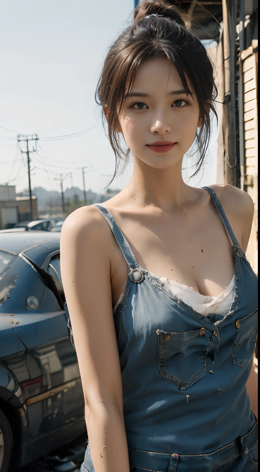 ((Best Quality)), ((masutepiece)), (Detailed), Seductive and attractive female mechanic covered in grease,Confident smile，Look into the camera，(Dirty and rugged charm:1.2), (Tough and confident attitude:1.1), (Machine expertise:1.3), disheveled hair, Dirty face with playful smile, dirty overalls clinging to her curves, (The gritty tools of the trade:1.2), Cluttered repair shop, Scattered auto parts, (Authentic car atmosphere:1.2), (intensegaze:1.1), Gripping the wrench with her dirty hands, 8K resolution,looking at another, Looking away,, masutepiece, Best Quality,Photorealistic, Ultra-high resolution, Photo Light
