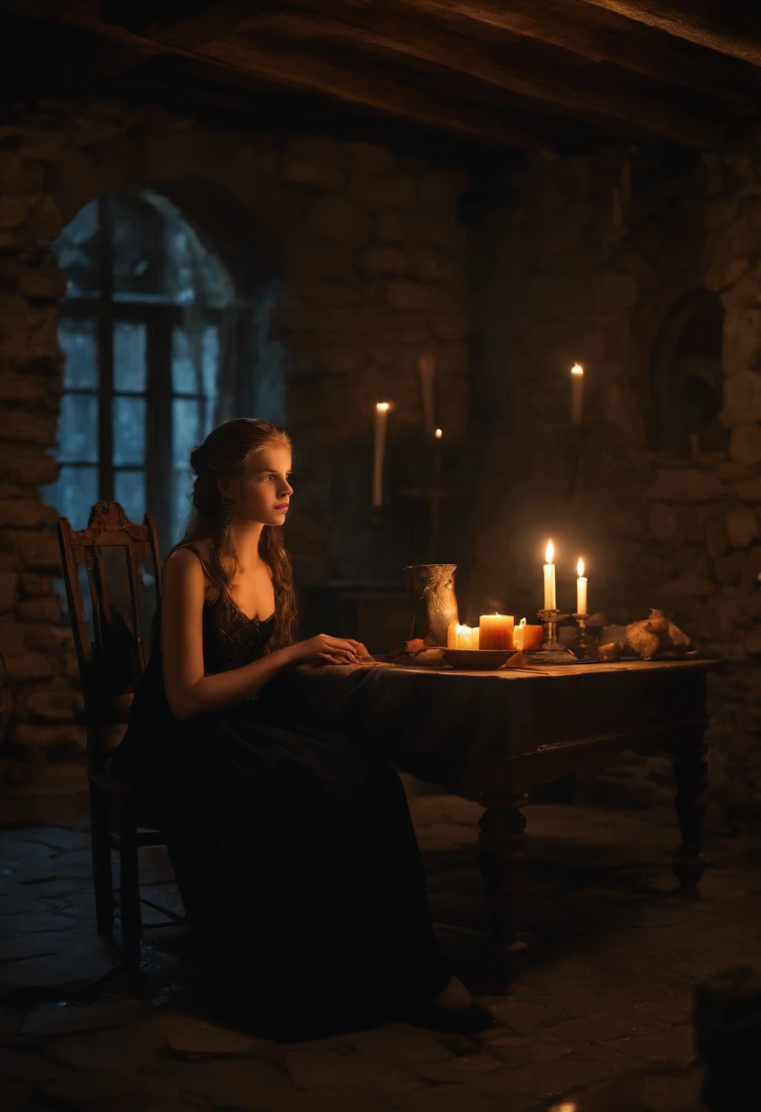 (masterpiece, top quality, best quality), Young man 18 years old, sitting at an antique table, inside an old ruined house, candlelight, wet clothes and hair, high detail, in front of a girl from  sitting wearing a black dress, loli, child,igh de night,
