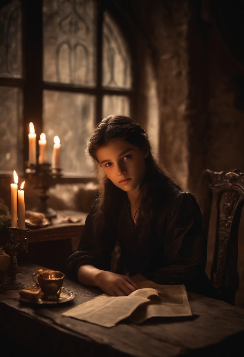 (masterpiece, top quality, best quality), Young man 18 years old, sitting at an antique table, inside an old ruined house, candlelight, wet clothes and hair, high detail, in front of a girl from ************ sitting wearing a black dress, ****, child, high detail, night,