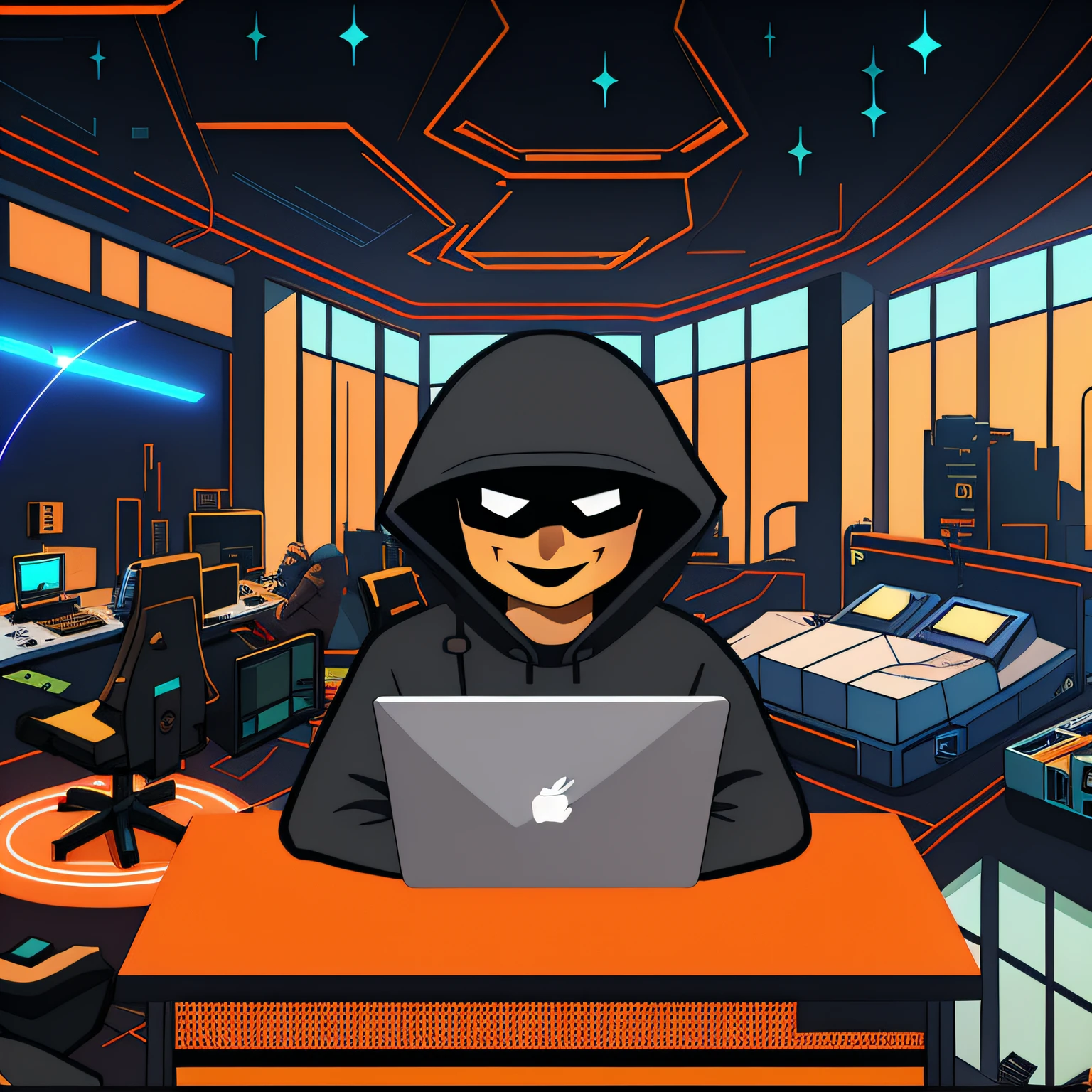 desenho animado de um homem em um capuz sentado em uma mesa com um laptop, hacker, cyber noir, hackerman, cyber space, Tech Preto, Cybernetic style, among us imposter, invadindo o mainframe, homem roubar computadores, Hackrobat!!!, hacker cyberpunk, Hacking, Fundo cypherpunk, garota hacker louco, among us imposter, Spy