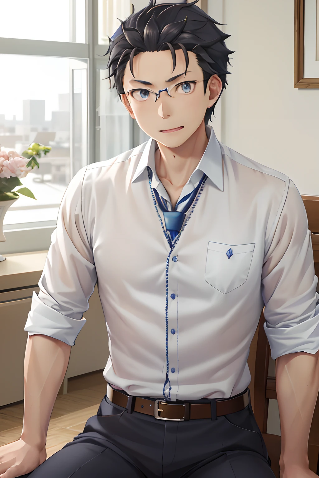 (1 Adult male),A high resolution, Sharp focus, Pixiv masterpiece, ((Complicated details)), highly detailed, natsuki_subaru, 1 man, Teasing laughter,full bodyesbian,sit astride, blue colored eyes(eyes glowing), blue short hair,white shirt,Wear a tie,Wear a belt,perspire,look from down