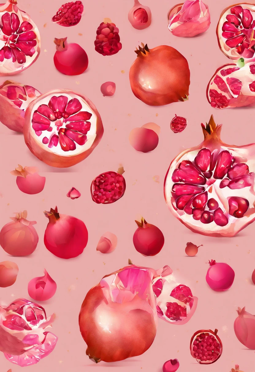 A high resolution，ultra - detailed）， offcial art, Unity 8k壁纸, Ultra-detailed, Beautiful and aesthetically pleasing, tmasterpiece, best qualityer,pomegranate，Beautiful fruits，The rind of the pomegranate appears dark red or pink，The surface is smooth and shiny，It's like a beautiful work of art，There are some protrusions and lines，These lines surround each grain，The unique texture of the pomegranate is formed， Like crystal clear gemstones，The color and transparency are very high，（Gradient color），