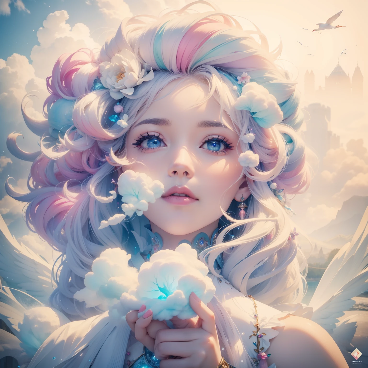 Cotton Candy Queen Women Goddess 8k Resolution Rendered Hyper Realistic Intricate Detail lives in an frosty ice bubble, a fanciful place filled with castles, cotton candy, swans lakes and fluffy clouds, An intricate visual representation of computer programing, rendered in 24k resolution with intricate details and symbols.