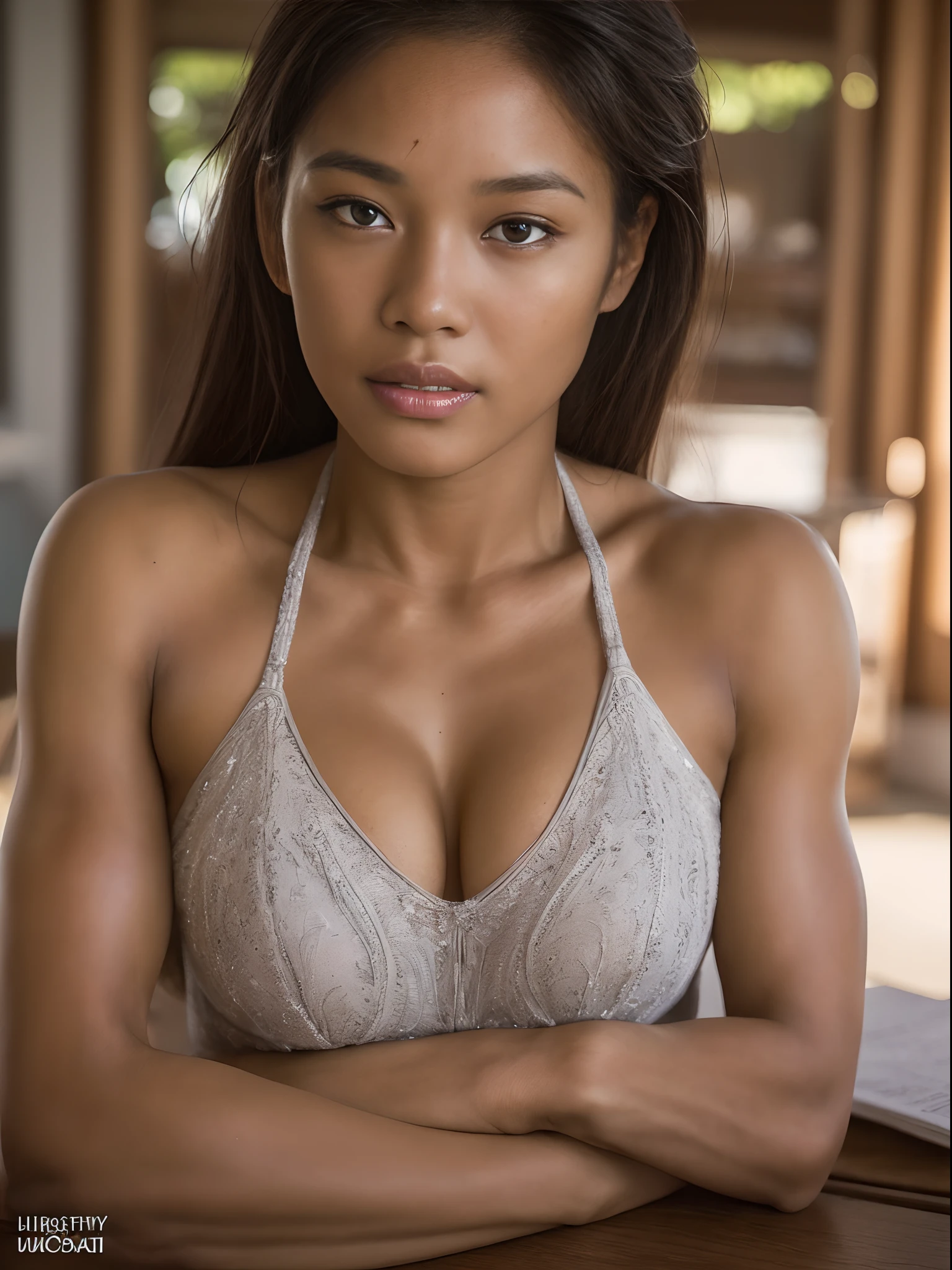 (editorial photograph of a beautiful 18 year old Melanesian woman), ((bikini)), ((highly detailed face:1.7)), (sultry sexy smile:0.7), (muscles:1.4), sitting on the desk:1.2), (background inside dark, moody, private study, old furniture:1.1), (8k, uhd, dslr, high quality, cinematic lighting, bokeh), (dramatic, award winning photography, incredible masterpiece:1.3), (female fitness model body)