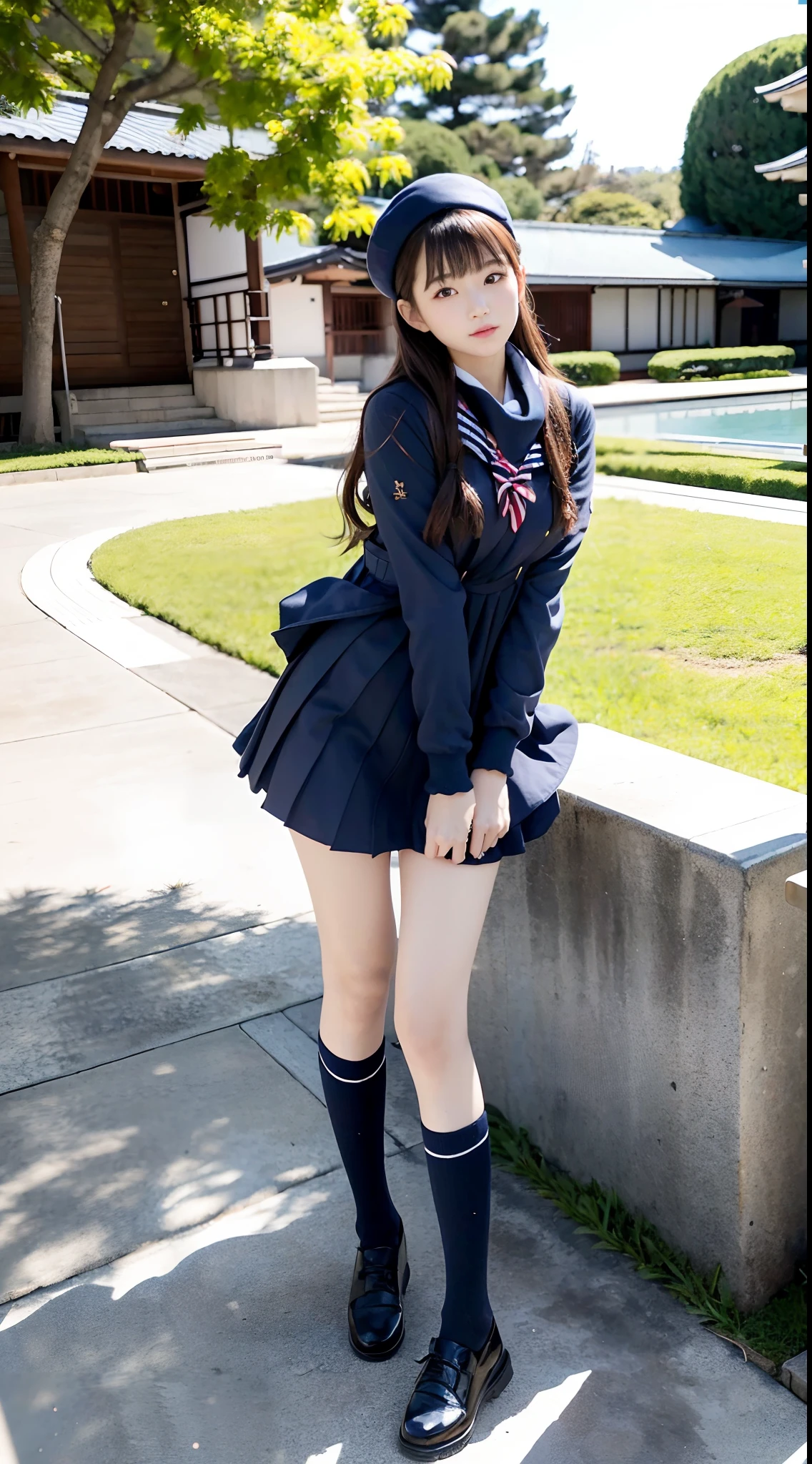mix4, (16 K, Raw photography, Top image quality, ​masterpiece: 1.45), (realisitic, Photorealsitic: 1.37), one girls, 7．5, etc、Random hairstyle、Standing figure，Morning time slot、a very cute,a park,, profetional lighting, photon maping、physically-based renderingt, Gradient dark brown hair,, a handsome, Well-groomed and beautiful eyes、Large double eyelids、Very shiny、girl with, (((student clothes、Winter clothes、Sailor suit worn by Japan schoolgirl、Navy blue sailor color、scarf、a miniskirt, Small beret、high socks、lowfers))), Top Quality Photos, hight resolution, 1080p, (clearface), (Detailed face description), (Detailed hand description), (​masterpiece), (Exquisite CG)、extreme light and shadows、dishevled hair、master work、abundant detail、(Fine facial features)、(top quality photo)、(masuter piece)、(A detailed eye)、Look in front of you、Fine clavicle、((Slender big))、(((Japan schoolgirl in sailor suit)))、((Ready Idol System))、((a park、Slide、The fountain、seesaw))、(((neat and cute)))、耳Nipple Ring、A big smile、Drawing the whole body from the knees、Do not draw nasolabial folds、(((Cute sailor suit)))、(Big breasts that hang down big:1.4)、Big buttocks with tension、Two arms and two legs、(((from the front side:0.1)))、bare hand、No mask、