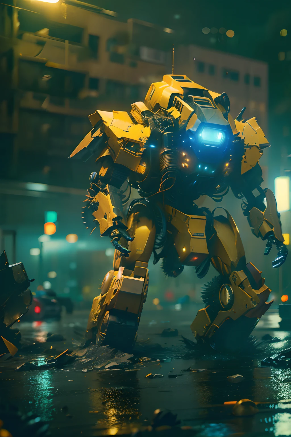 Yellow mech in battle, Cyberpunk mech with glowing neon lights, Scattered debris on the ground, (Best quality, 1080p) Dark and unpredictable atmosphere, heavy rain poured,  Vibrant colors, Dramatic lighting effects.