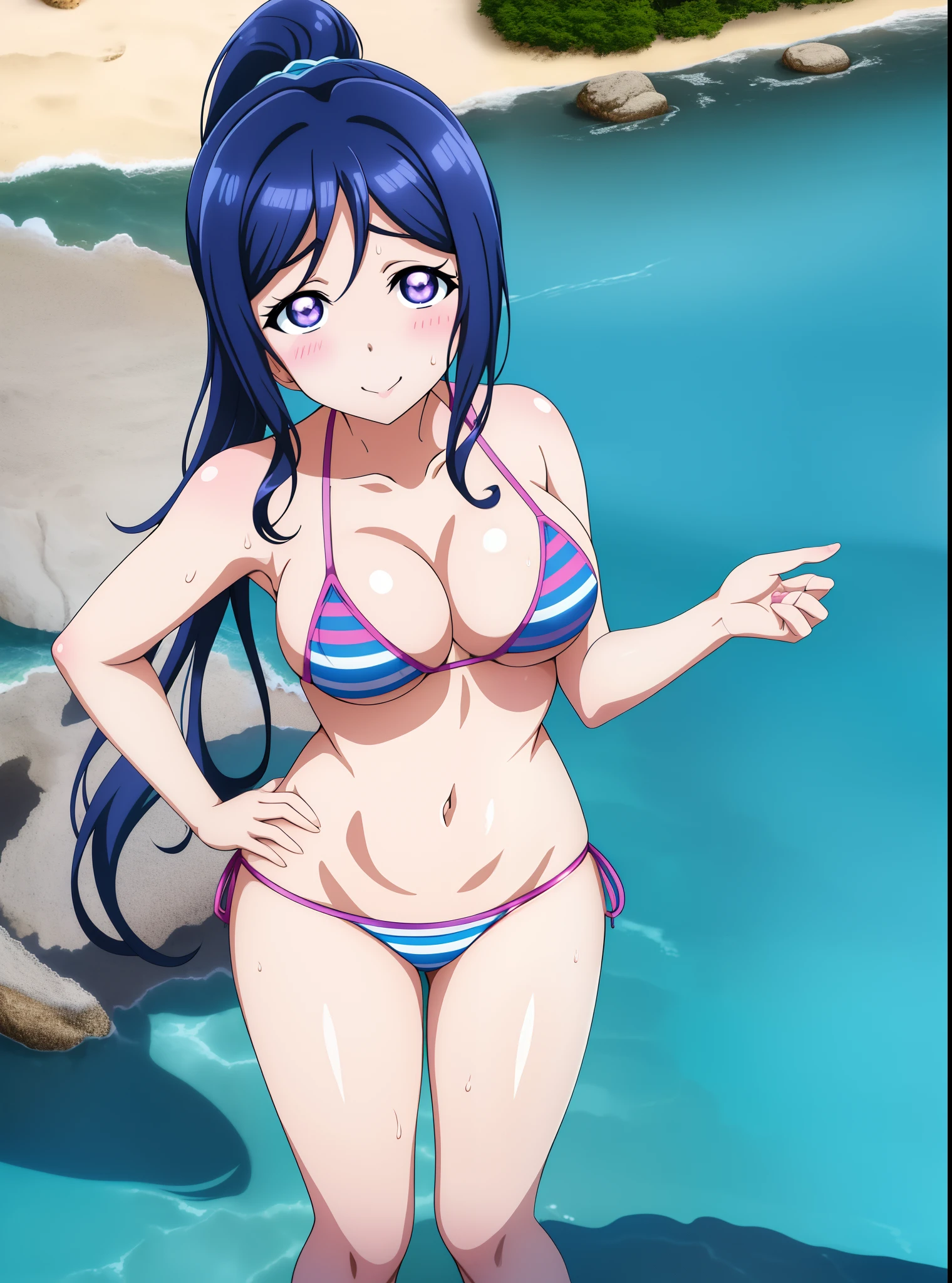 matsuura kanan, anime girl in a bikini with , seductive anime girl, ecchi anime style, on beach, sunrise, sexy,wet body and hair, ecchi, micro bikini,striped bikini, big breasts, solo, hand on hip, looking at viewer, ponytail, standing, from above,･o･