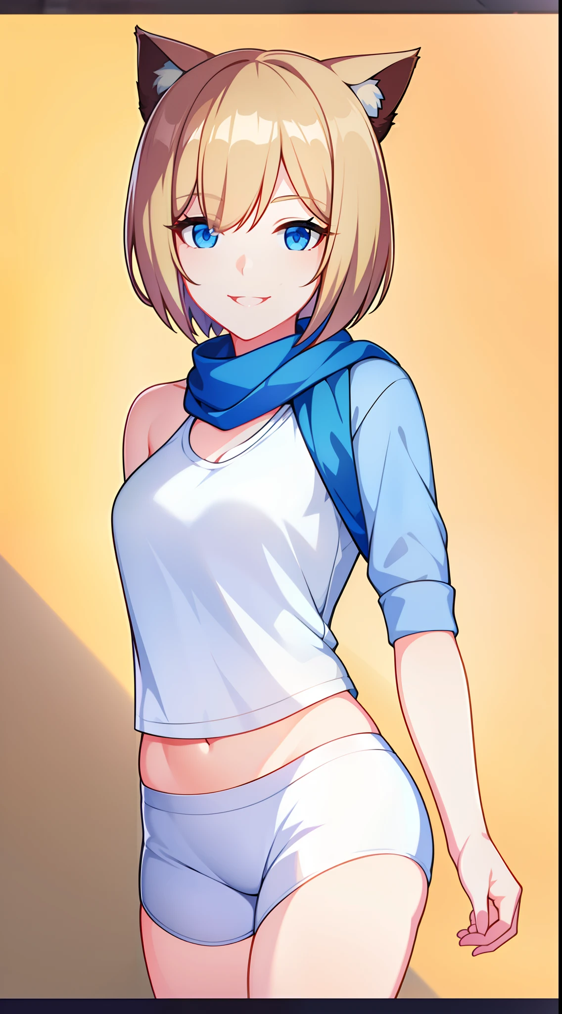 young girl, short blonde hair, cat ears, blue eyes, Smile, white tshirt, brown shorts, a scarf, Masterpiece, hiquality, 4k, HD, Good detail
