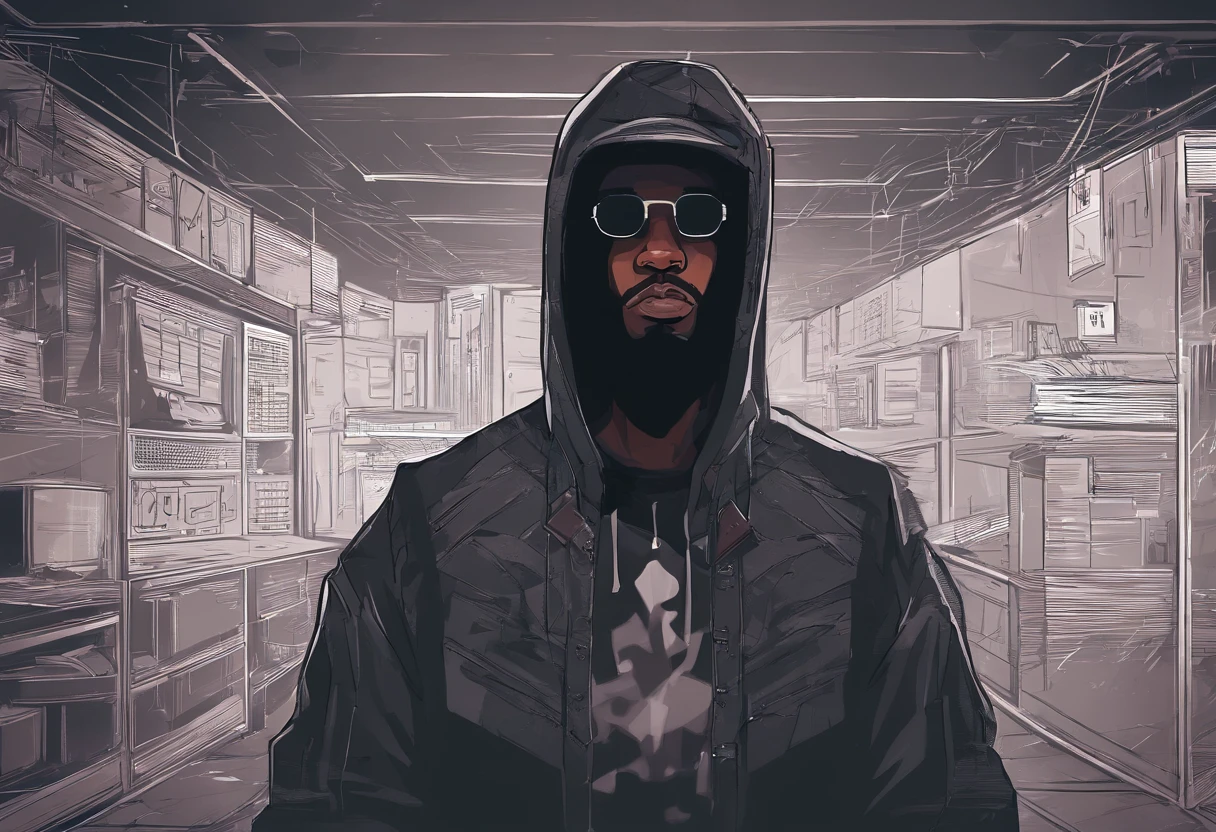 rapper negro, de cabelo curto crespo, Standing in an empty dark room, Facing the camera squarely, foto corpo inteiro, arte digital estilo lo-fi
