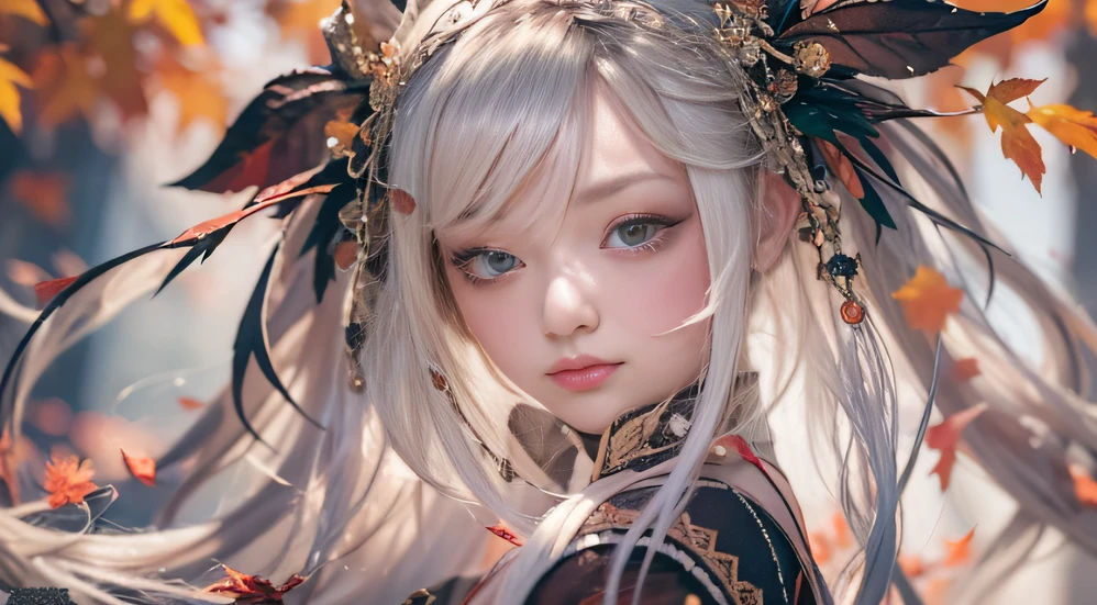 32K autumn view(tmasterpiece,k hd,hyper HD,32K)Long flowing black hair,ponds,zydink, a color, Autumn (Sexy girl nipple), (Blue and white silk scarf), Combat posture, looking at the ground, long whitr hair, Floating hair, Carp pattern headdress, Chinese long-sleeved cheongsam, (Abstract gouache splash:1.2), Pink petal background,Pink and white autumn sunset leaves fly(realisticlying:1.4),Black color hair,Fallen leaves flutter,The background is pure, A high resolution, the detail, RAW photogr, Sharp Re, Nikon D850 Film Stock Photo by Jefferies Lee 4 Kodak Portra 400 Camera F1.6 shots, Rich colors, ultra-realistic vivid textures, Dramatic lighting, Unreal Engine Art Station Trend, cinestir 800,Long flowing black hair,Bright clothes