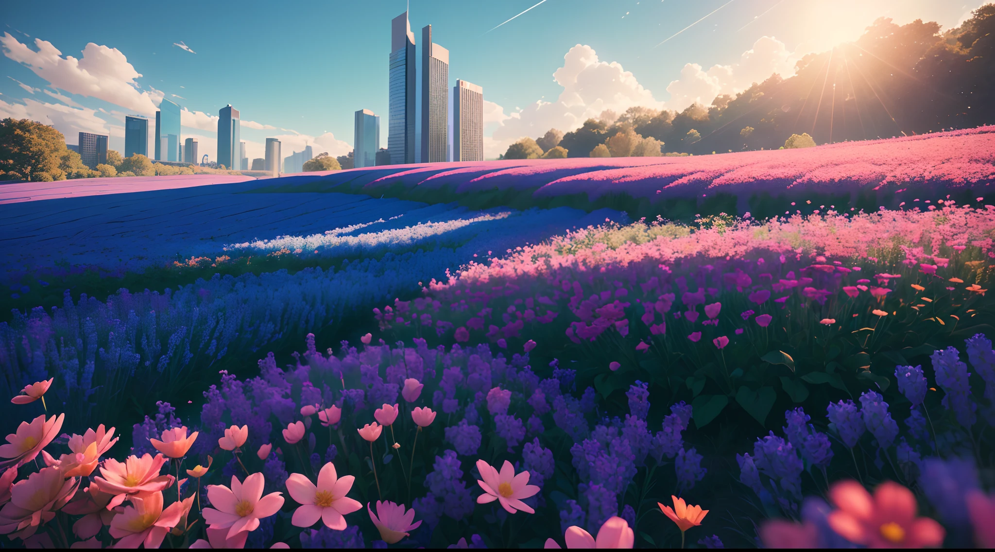 vibrant blue tinted colors, skyscraper, highly saturated colors, Fujifilm Fujichrome Provia 100F film, flower field, purity and dreamy symbolism, (muted colors:1.2), (photon mapping), octane render + hyper realistic, storage, (8k), hdr, sunny,