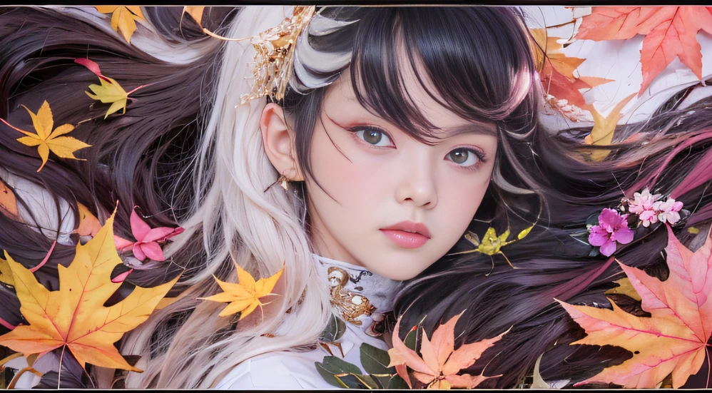 32K autumn view(tmasterpiece,k hd,hyper HD,32K)Long flowing black hair,ponds,zydink, a color, Autumn (Sexy girl nipple), (Blue and white silk scarf), Combat posture, looking at the ground, long whitr hair, Floating hair, Carp pattern headdress, Chinese long-sleeved cheongsam, (Abstract gouache splash:1.2), Pink petal background,Pink and white autumn sunset leaves fly(realisticlying:1.4),Black color hair,Fallen leaves flutter,The background is pure, A high resolution, the detail, RAW photogr, Sharp Re, Nikon D850 Film Stock Photo by Jefferies Lee 4 Kodak Portra 400 Camera F1.6 shots, Rich colors, ultra-realistic vivid textures, Dramatic lighting, Unreal Engine Art Station Trend, cinestir 800,Long flowing black hair,Bright clothes