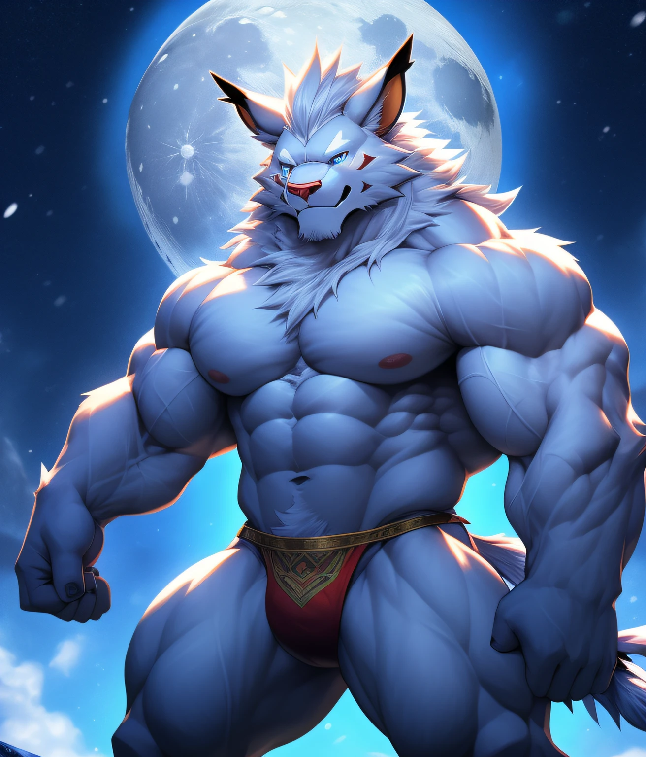 nj5furry, ( albino, Leomon, massive, huge), albino Leomon, ((extremely realistic shadows, masterpiece, extremely detailed, photorealistic)), kemono, looking at the viewer, ((FRONT)), silver mane, Leomon albino, ((detailed face)) red nose, blue eyes, ((detailed eyes)), white skin, white fur, white hair, height 3 meters high, the optimal height, tight clothing, body full of muscles; muscle and bulge pecs, ripped abs, V-shaped body, thick waist, long legs, strong arms manly, handsome face, attractive cool calm face type with a kindsmile, topless. Snow forest, night, moon, moon rays, nebula; he wears a blue and white cloth ornament loincloth revealing huge muscular thighs. ((illuminated)) He has an aura of wisdom and tranquility around him, although he has a kind smile, his eyes have some sadness. (((same seed pose: 1138899019))) Everything was big. His shoulders ridiculously broad, his back absurdly wide and the rear of his upper arms indecently muscular. Even his perfectly round arse looked huge as it struggled to contain the material of his extremely tight, thread thong.
A mini muscle bull in the making. A potential juniour competitive bodybuilder. Even the back of his head was hot. And his mini bull neck.
