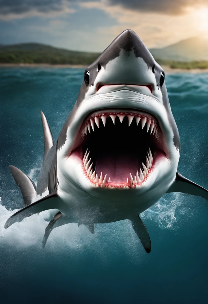 Sharks jumping out of the water,with a huge mouth open,dentes pontiagudos,ferocious,Splashes,Kamoud HD picture