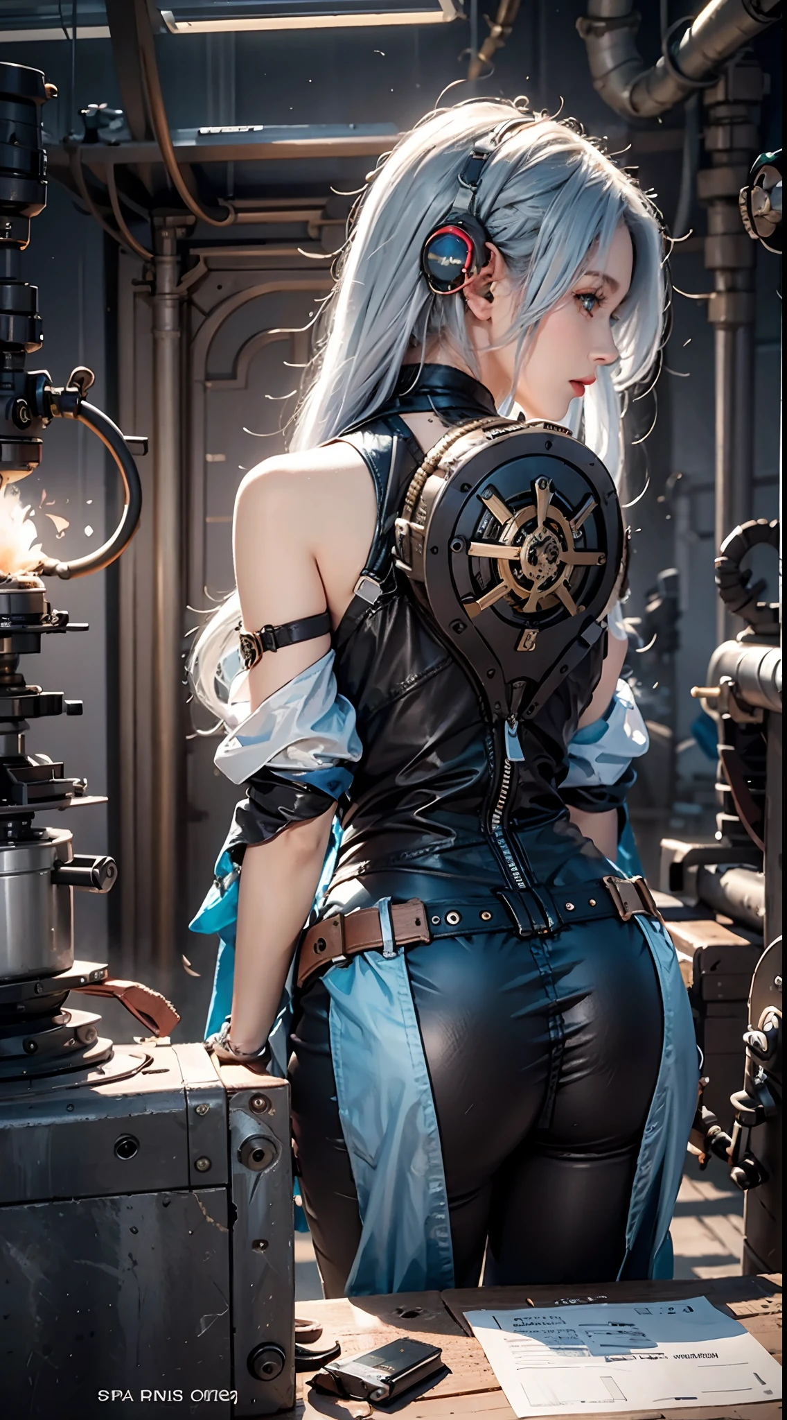 photorealistic, masterpiece, photorealistic, high resolution, soft light, waist up, blue eyes, white hair, long hair, color leather vest with gears, techwear, jetpack, workshop in background, machines, gears, steam, industry, technology, furnace, grime, anvil, buttons, levers, automaton, electricity, electric sparks epic atmosphere, back view
