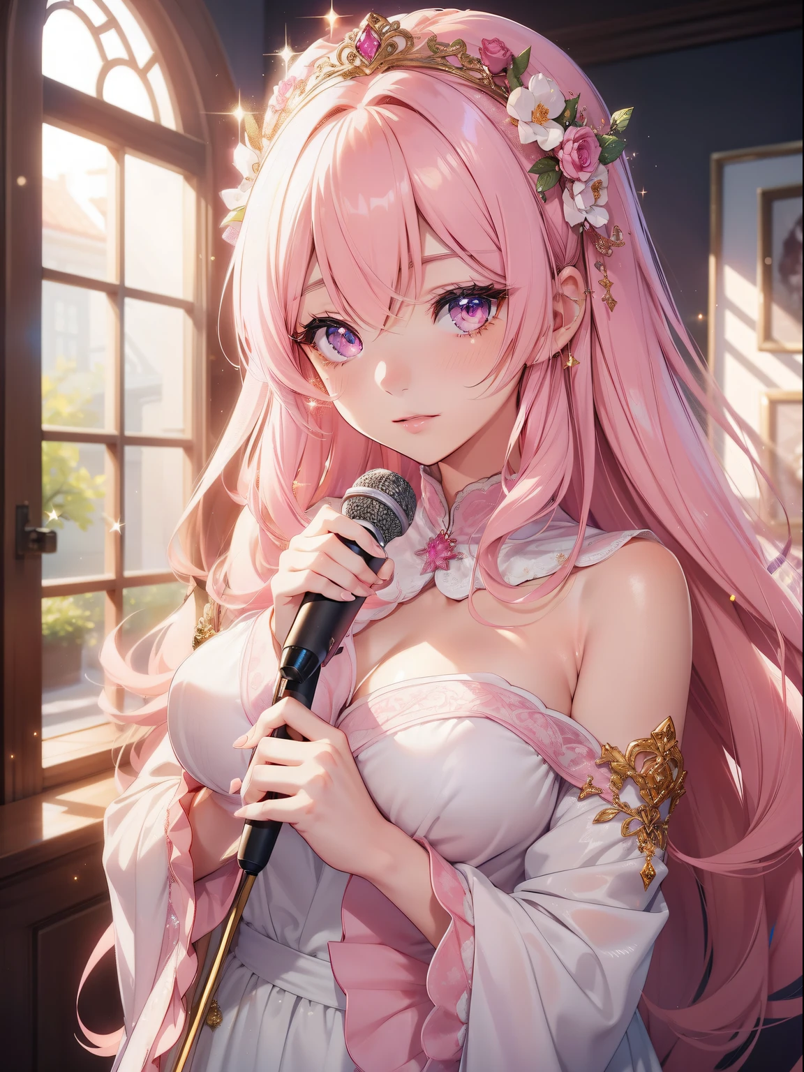 masutepiece, High resolution, 8K, anime woman, Delicate and detailed writing 、Detailed digital illustration、Very long hair and shiny、Bangs、a very beautiful woman、Eyes are double, Large, Bust is D cup、High image quality, High quality、Detailed background、、((Background in the room in the morning))、The inside of the eye shines like a diamond、Light pink hair、Gradient pupil、(((2 arms、4 fingers, 1 thumb)))、Detailed female face、Very beautiful and cute woman、、细致背景、masterpiece、Soft Focus , Bright gradient watercolor , Lens Flare , (((Glitter))) , Glow , Dreamy , (((Hold the microphone in your hand)))、Pajamas、Nothing at hand、Idol、Pink ribbon、Very beautiful red rose hair accessories、Pink and gold outfit、White is the main costume、Rubbing sleepy eyes、yawning being