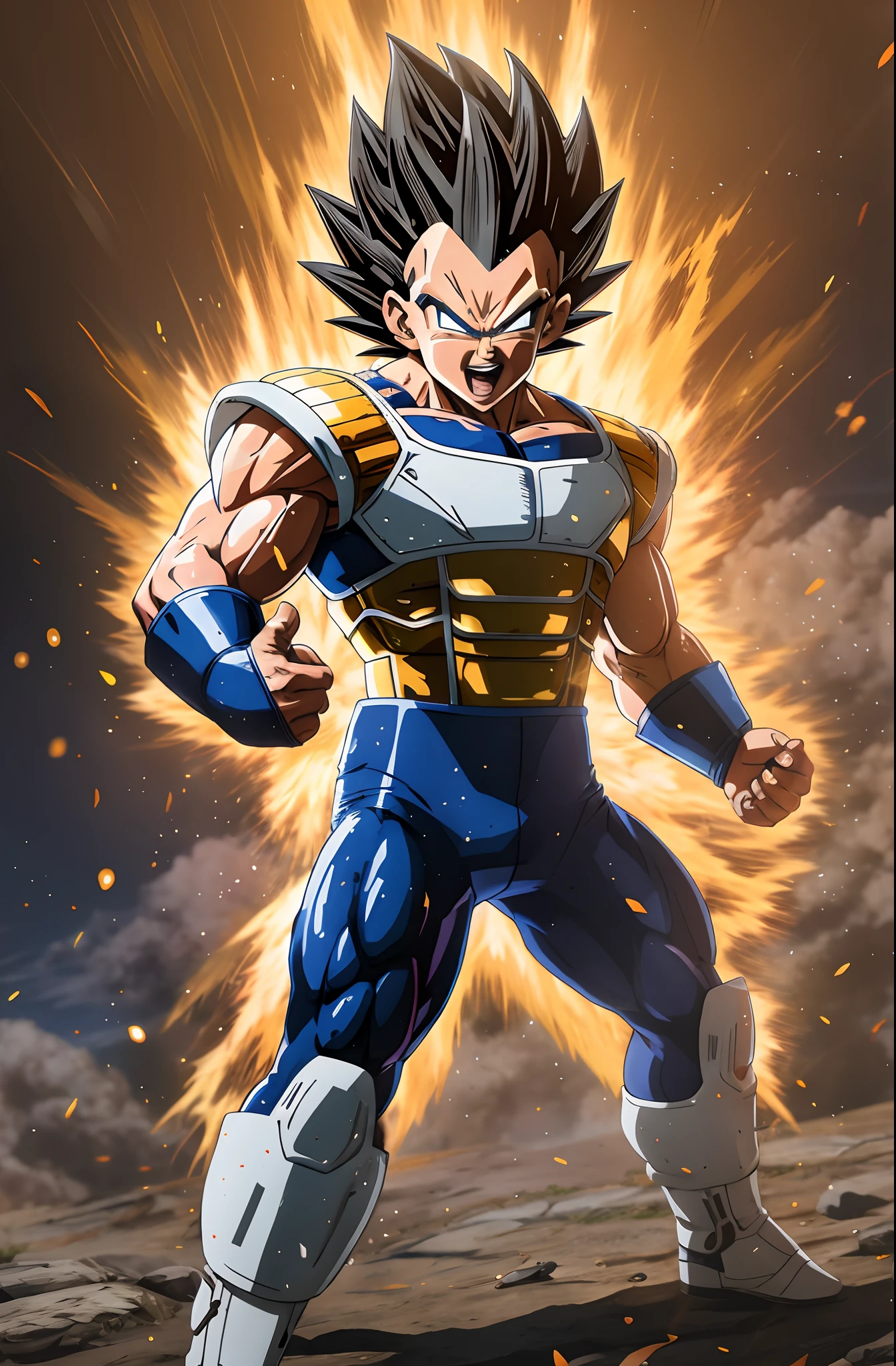 Dragon Ball Gohan in action with a fireball in the background, Vegeta, Arte do local, prince vegeta, arte chave, Arte Oficial, arte HD, Arte Oficial, Arte Oficial altamente detalhada, Arte Oficial do anime, armadura saiyajin, with vegeta head hair, arte HDR Oficial, fan art, papel de parede hd, Splash Art Oficial, super saiyajin