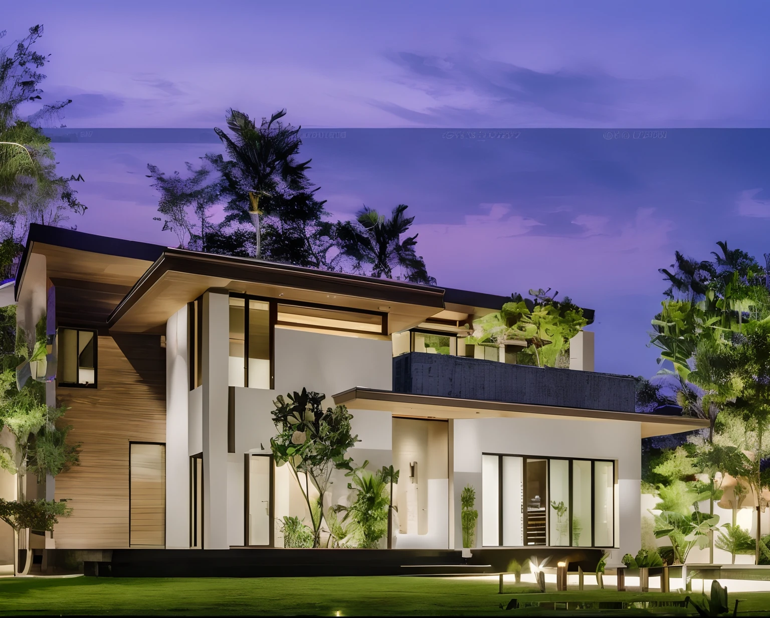RAW photo, outdoor, (residential architecture exterior:1.3), 1 house architecture, (elegant), Singapore tropical modern house style, white wall and glass and rock and black steel and wood, (Luxury home with exquisite finishing:1.3), (wood),Beautiful tropical garden, warm yellow light in the interior, dark night sky, (high detailed:1.2), (Evening environment with warm dominant interior lighting), 8k uhd, ds, soft lighting, high quality, film grain, Fujifilm XT3