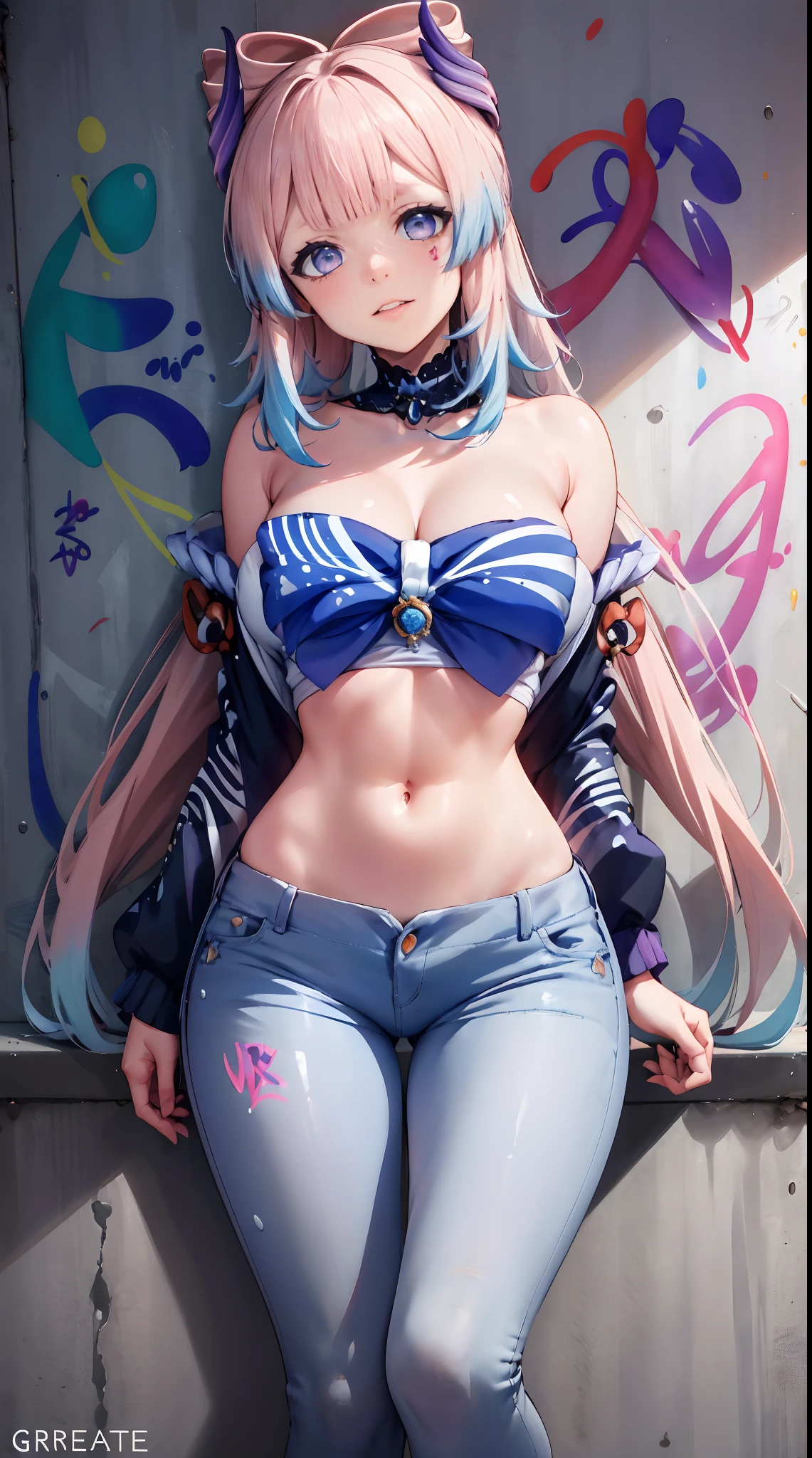 Sangonomiya Kokomi|genshin impact, master-piece, bestquality, 1girls,25 years old, shorts jeans, oversized breasts, ,bara, crop top, shorts jeans, choker, (Graffiti:1.5), Splash with purple lightning pattern., arm behind back, against wall, View viewers from the front., Thigh strap, Head tilt, bored, water eyes,