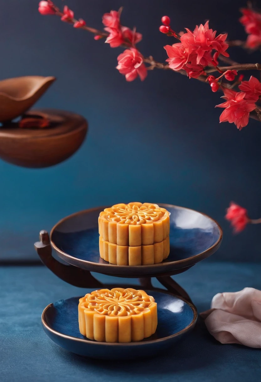 Mid-Autumn Festival，delicacies{{Moon cake}}，Tea，Full moon in the distance，Background of blue gradient，Anatomically correct，High quality, Best quality, A high resolution