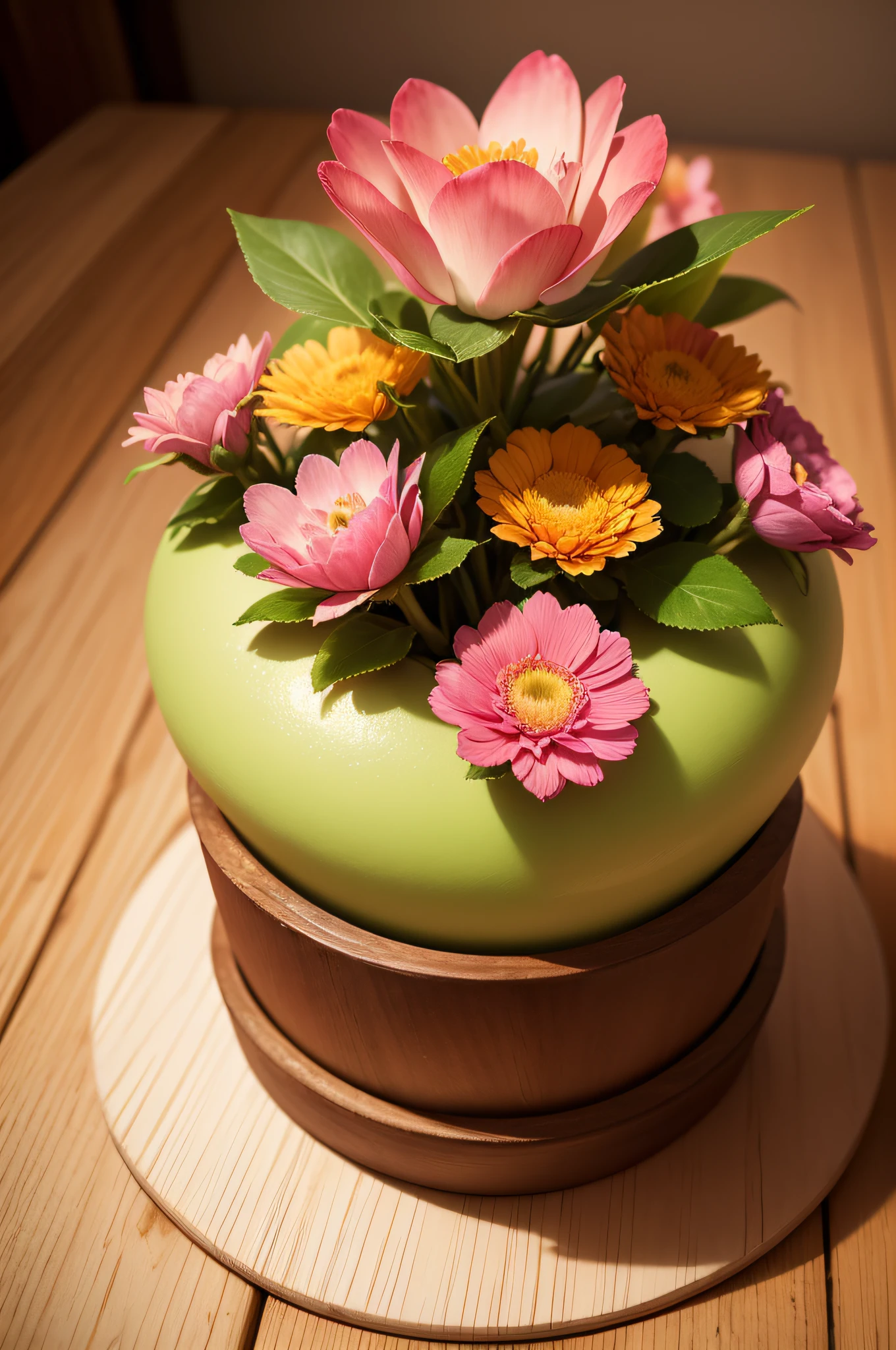 (melhor qualidade,4k,8k,Altas,master part:1.2),ultra-detalhado,(Realistic,fotorrealista,photo-realistic:1.37),flor suculenta,rosa,folhas verdes,cores vibrantes,Detailed petals,soft lighting,textura delicada, botanical illustration,Close-up,fotografia macro,ethereal beauty,aesthetic floral arrangement,paleta de cores harmoniosa,Sunset tones,ambiente sereno e tranquilo