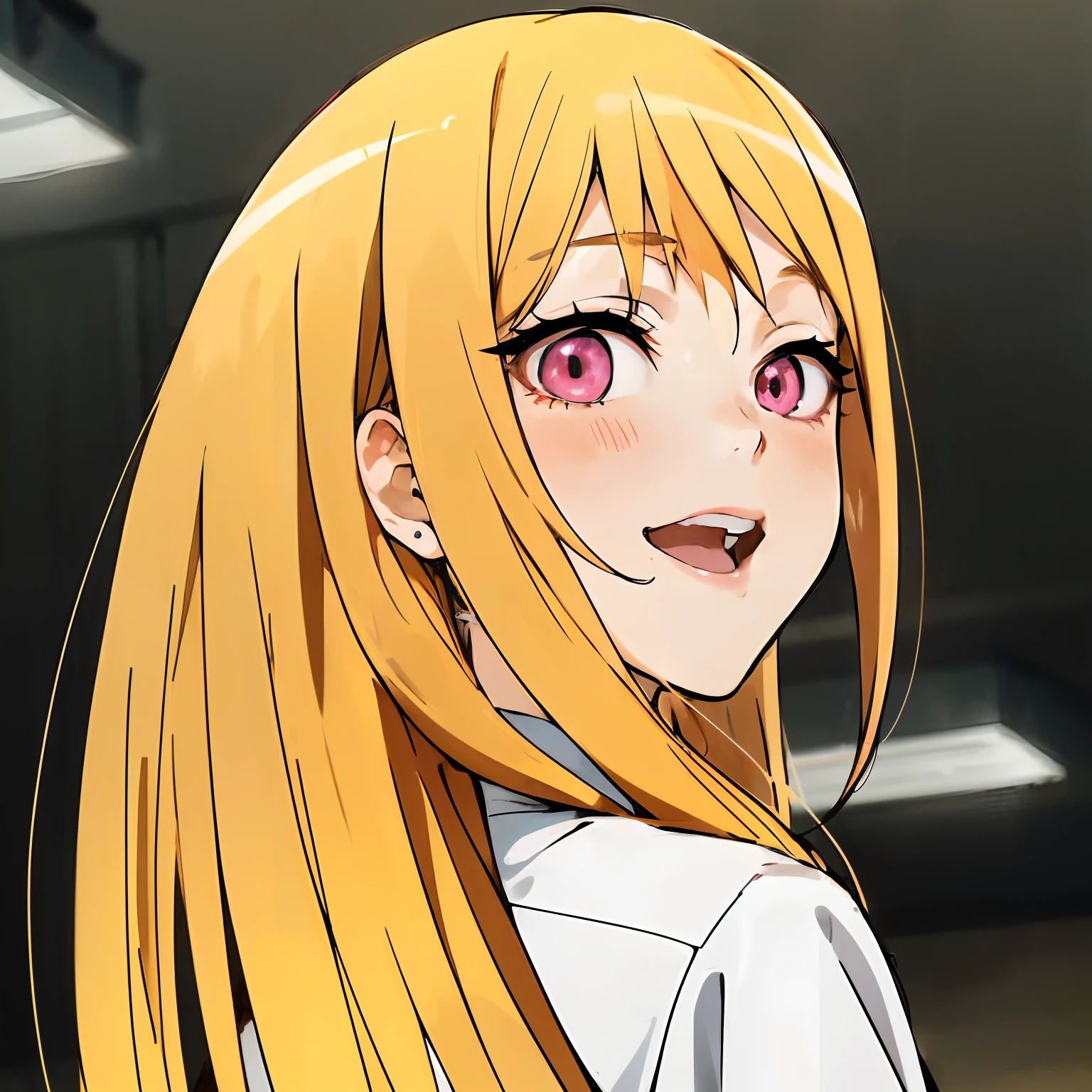 anime girl with long blonde hair and pink eyes looking at camera, anime girl named lucy, Marin kitagawa, blonde anime girl with long hair, rei hiroe, female anime character, anime character, anime best girl, anime visual of a young woman, as an anime character, junko enoshima, anime visual of a cute girl, ( ( misa amane # ) )
