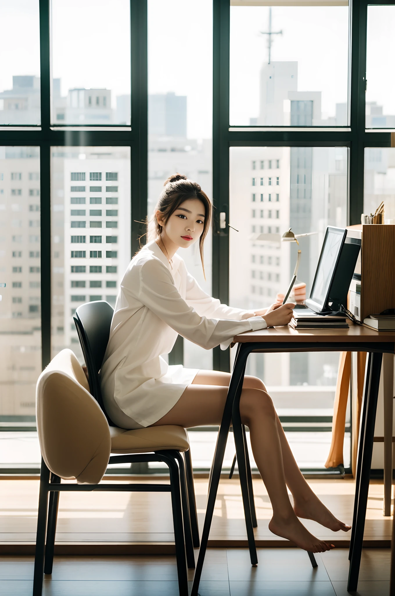 Woman sitting at desk in office with city view from window, Gorgeous young Korean woman, beautiful Korean women, korean artist, Korean Girl, Korean Woman, Sitting on a desk, Beautiful young Korean woman, korean female fashion model, sitting at the desk, with backdrop of natural light, bae suzy, sit a chair, Sitting at a desk, Engaging pose