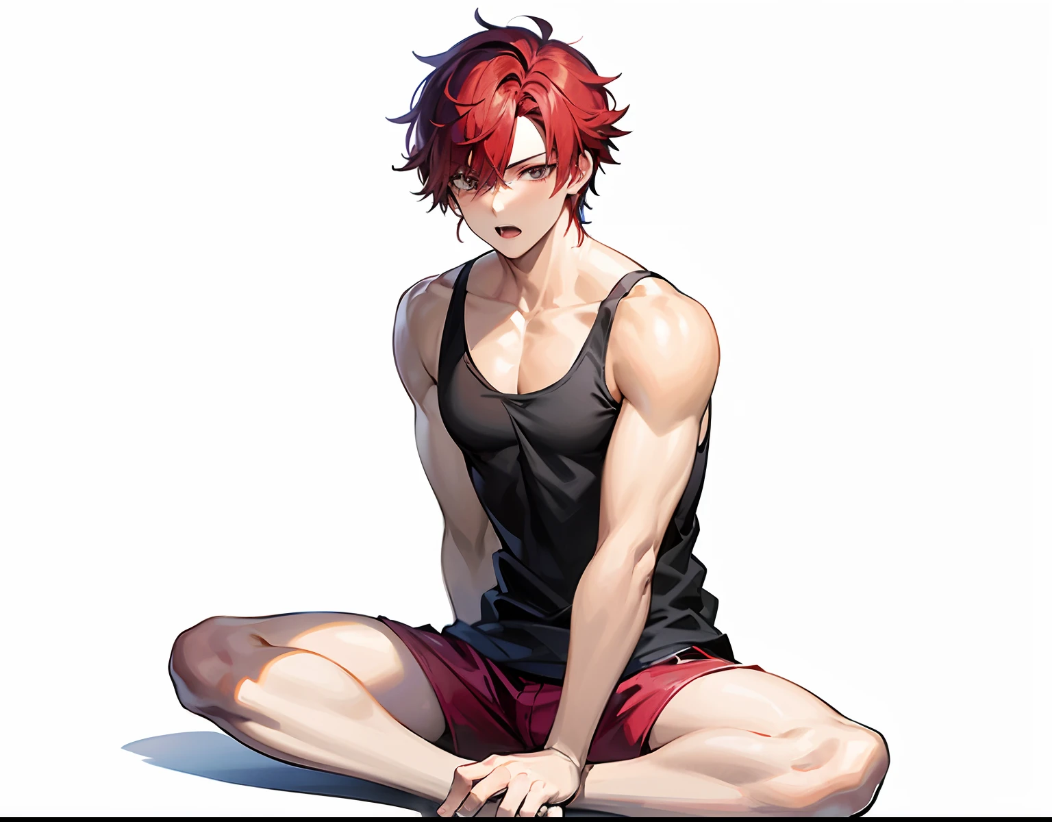 Red haired anime boy sitting on floor with legs crossed, Anime Boy, anime style character, garments:Black tank top, Boy in shorts, In anime style, anime styled」, Anime style, Muscular men, Knight of Zodiac Boy, With red hair, In an anime style, masculine and muscular, Bare arms, Bare shoulders,