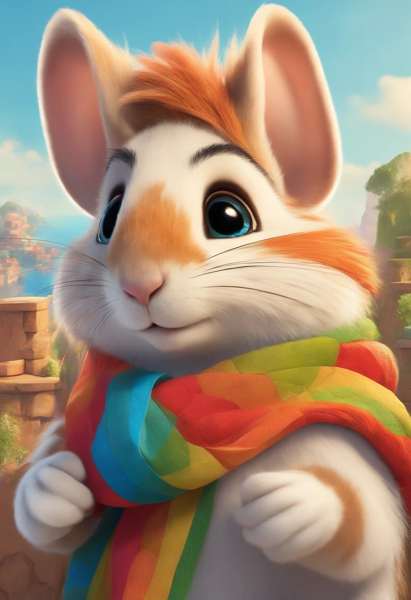 best quality,ultra-detailed,realistic:1.37,colorful patchwork fur,rainbow-hued patterned whiskers,cute rodent,anime style,mouse wearing a vibrant scarf,Latin script,striking logo design,logo shaped like an educational institution,intricate illustrations,playful cartoon character,expressive eyes and wide smile,artwork with a mix of 2D and 3D elements,bright and lively colors,cell-shaded rendering,soft and gradient lighting,highly saturated tones,meticulous attention to detail,energetic pose,joyful and dynamic composition,fun and whimsical background,stylized environment,professional level craftsmanship,illustrative aesthetic,perfect balance of cartoonish and realistic elements