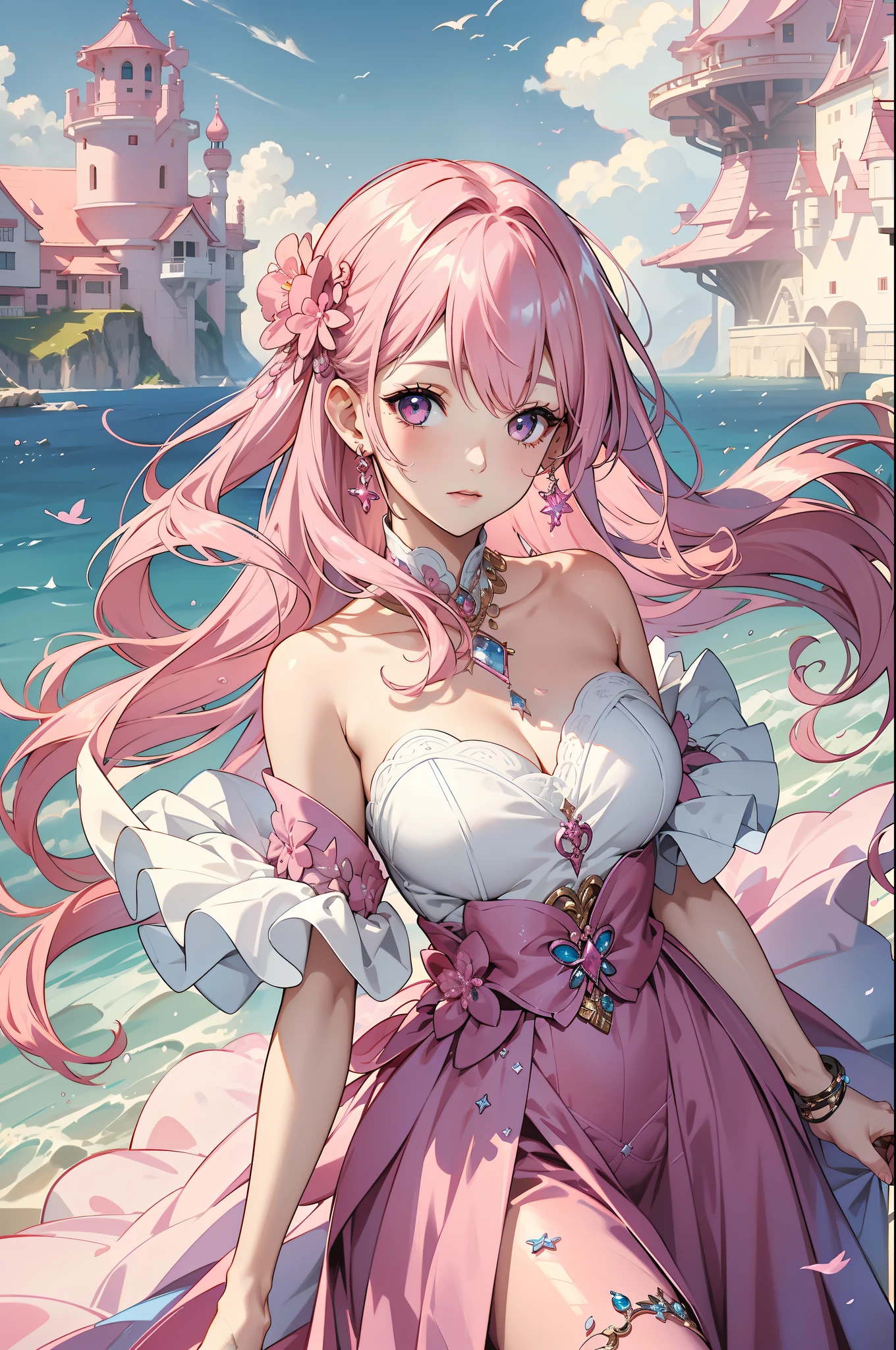 HD clarity, Superb masterpiece CG of female characters, Enchanting pink hair, Jewel-like sparkling eyes, Look straight into the camera, Clothing with a sense of design, (( Sea of pink and blue clouds: 2.0 ))。