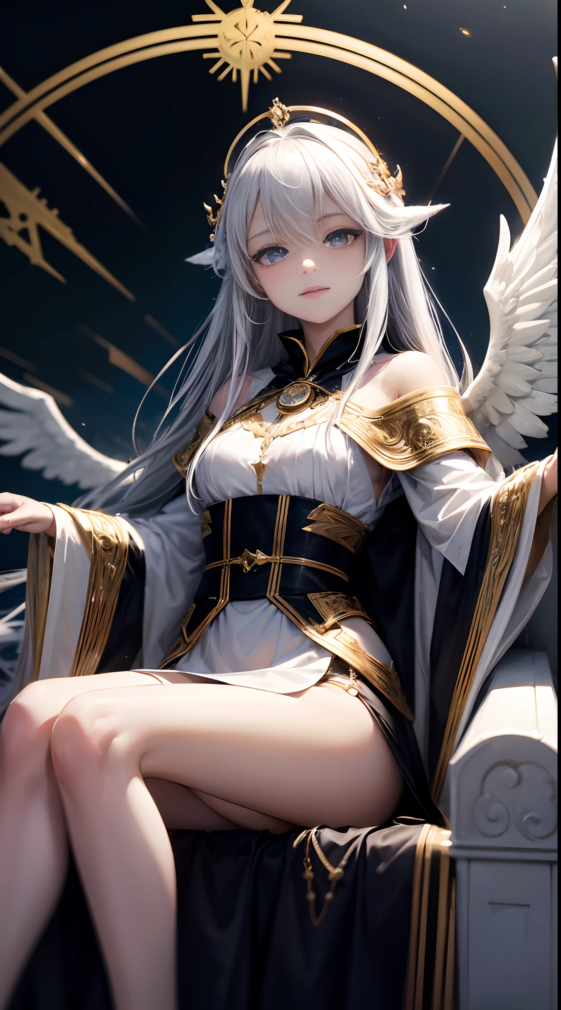 Full-body, silver-haired young girl, golden eyes, angelic body, and white witch robe with a mini skirt, wield a book, wear a cloak and witch hat, sitting on the throne of golden sun, white wings, heavenly sun, and dawn background scene, the magic circle with diamond star, brave smile, stable diffusion v5, anime style v3, lora style v5, dynamic, image enhance, dream shape, vibrant, realistic face, 8k quality, upscale, sharp focus.