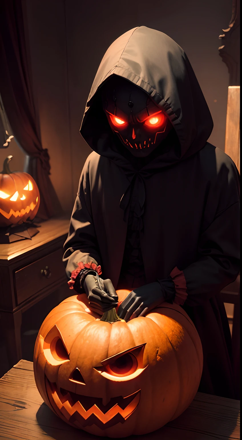 (masterpiece), (image cover), 1600s, a creepy male demonic shadow, pumpkin head, wearing a hood, its dark, glowing red eyes, night time, fall weather, horror, demonic, evil, hell, dark room