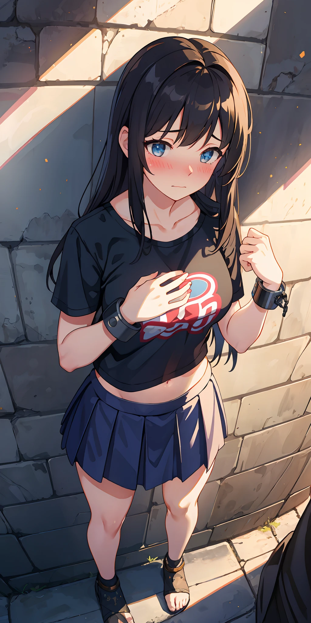 Realistic, outdoor, 1wall, wide angle,1girl, long hair, shy, embarrassed, blushed, wide angle, POV, from above, standing, casual clothes, hands up, hand cuffs, hands chained on wall, leaning on wall, t-shirt, skirt, navel, light rays, glow, (masterpiece), wallpaper
