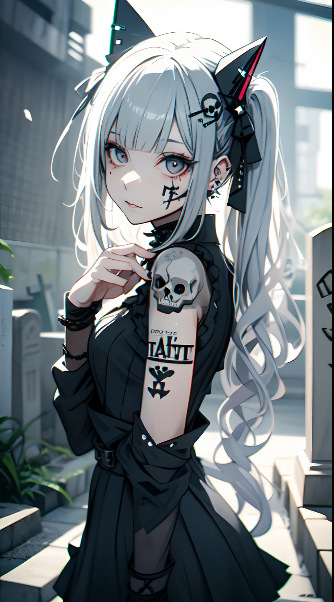 Adornos para el cabello、piercings、tatuaje、godo_punk, 1chica en, solo,、highest qualityr, fotorrealista, Unas ilustraciones ultrafinas, Hermosa chica de anime atractiva,(mini vestido:1.4),  Miku hatsune, cuerpo delgado, cabello atado, a  girl, A picture of a girl, Toma de cuerpo completo, Hermosos ojos azules:1.4, Convertido,arete、Adornos para el cabello、jewely、Miku hatsune、(fondo Skull Night Cemetery:1.4), motor irreal:1.4,UHD,La mejor calidad:1.4, fotorrealista:1.4, textura de la piel:1.4, obra maestra:1.8,(detailed:1.4),