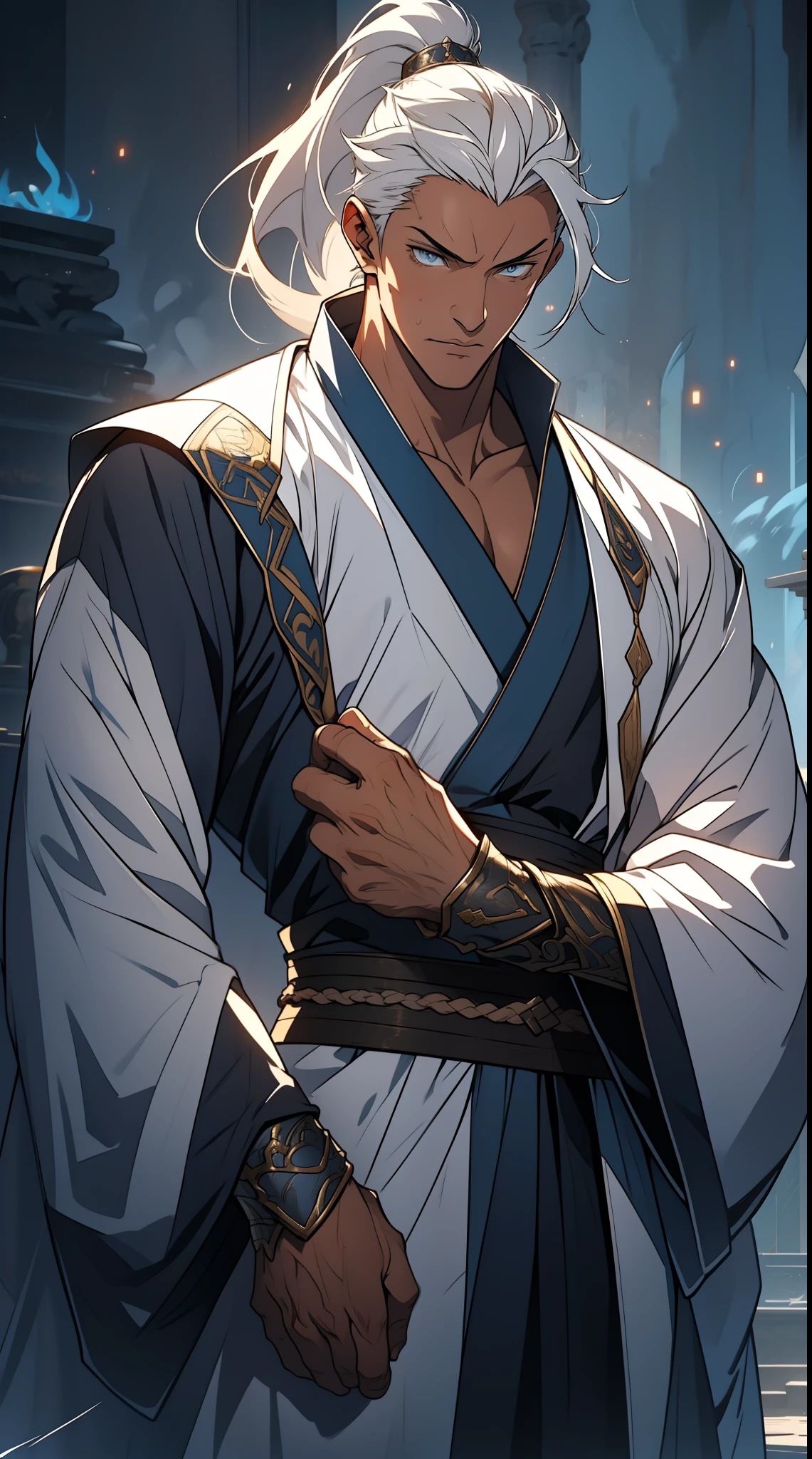 quadratic element,style of anime,mtu(Male Warrior),The proportions are correct,Face details,swordsmen,High ponytail hairstyle,Neck details,There is an Adam's apple,White robe,kaftan,long white robe,clothes details,Handing over,longer sleeves,Game quality,Swordsmanship,Light and shadow tracking,Ray traching,detailed glow,cg render,hair detail,cabelos preto e longos,blue colored eyes,Handsome,Handsome,(juvenile sense),Clothing is complicated,Perfectcomposition,Refinement,high qulity,higher details,Lots of details,The background is complex,a sense of atmosphere,