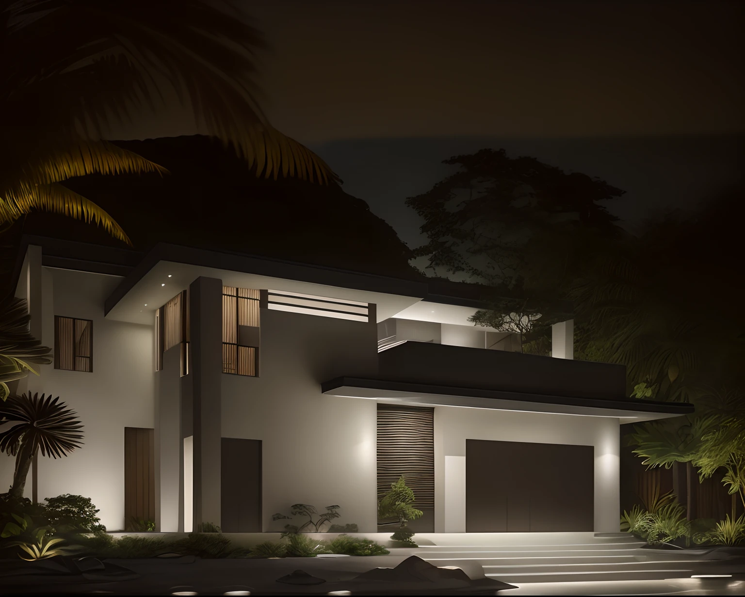 RAW photo, outdoor, (residential architecture exterior:1.3), 1 house architecture, (elegant), Singapore tropical modern house style, white wall and glass and rock and black steel and wood, (Luxury home with exquisite finishing:1.3), (wood),Beautiful tropical garden, warm yellow light in the interior, dark night sky, (high detailed:1.2), (Evening environment with warm dominant interior lighting), 8k uhd, ds, soft lighting, high quality, film grain, Fujifilm XT3