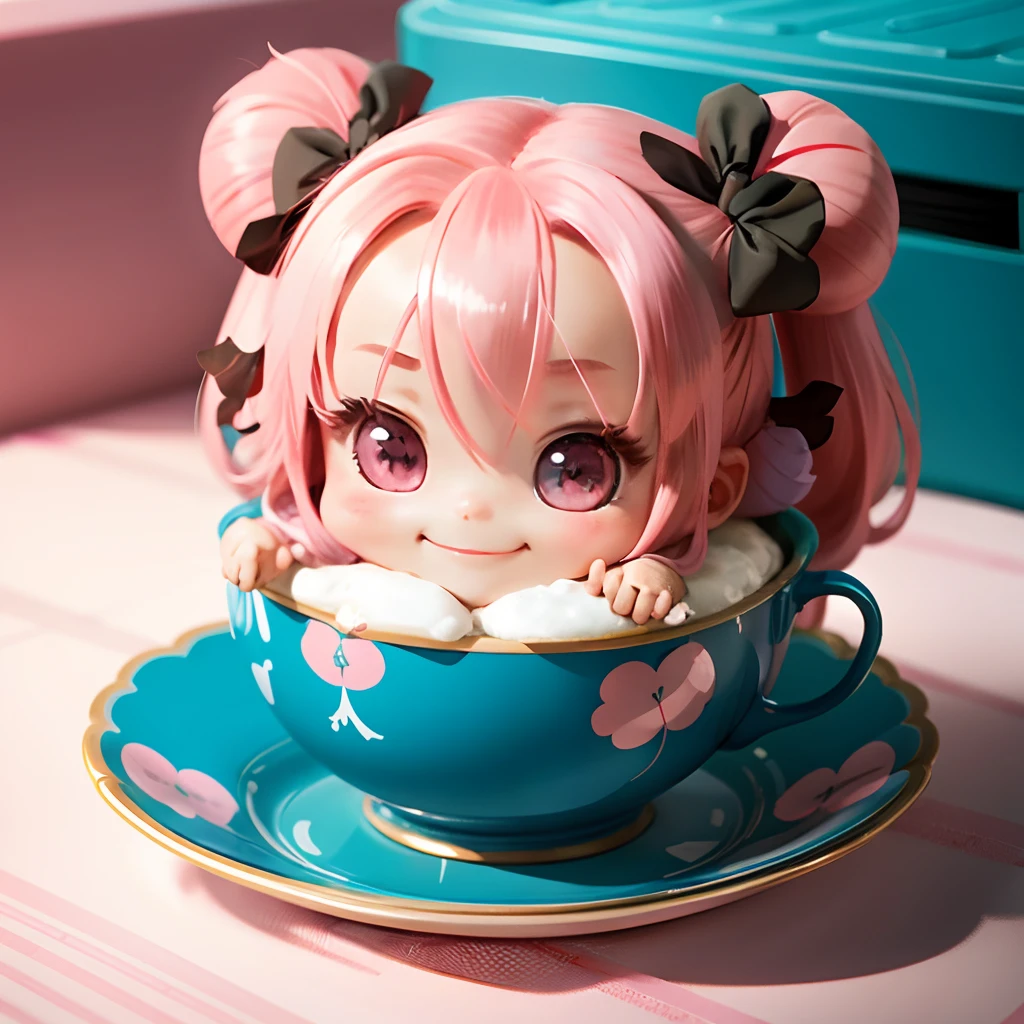 Cute chibi anime sitting on a blue plate, long pink hair with twin tails、Wear a hot pink mini dress, Smiling, The logo is cheap