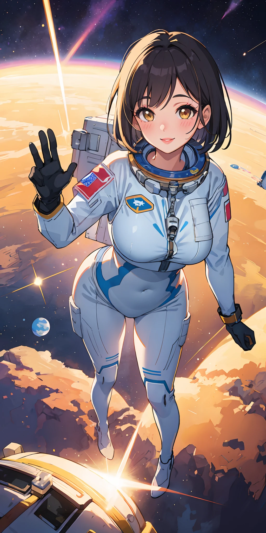 1girl, lips, blush, makeup, light smile, full body, nice hip, gloves, wide angle, POV, from above, floating, astronaut uniform, space suit, space, light rays, glow, (masterpiece), wallpaper