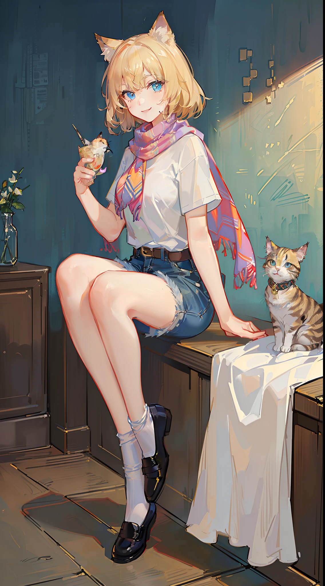 young girl, short blonde hair, cat ears, blue eyes, Smile, white tshirt, brown shorts, a scarf, Masterpiece, hiquality, 4k, HD, Good detail